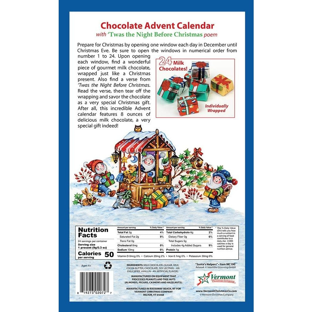 Santa's Helpers Chocolate Advent Calendar (Countdown to Christmas) - Individually Wrapped Milk Chocolate Treats - 8 oz. of Candy - by Vermont Christmas Company - Medaid International
