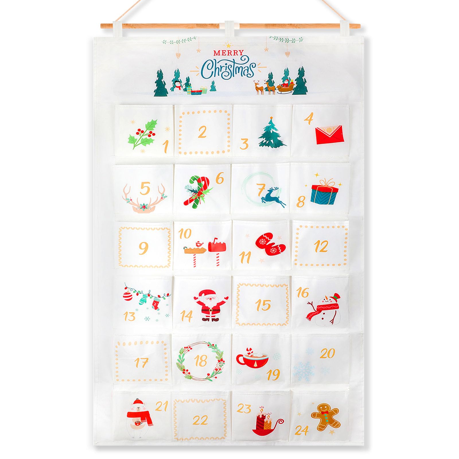 HOWAF 2025 Christmas Advent Calendar (Countdown to Christmas), 24 Days Mystery Christmas Countdown Calendar with 24 Pockets for Xmas Holiday Home Wall Decoration, White Gold Xmas Calendars - Medaid International