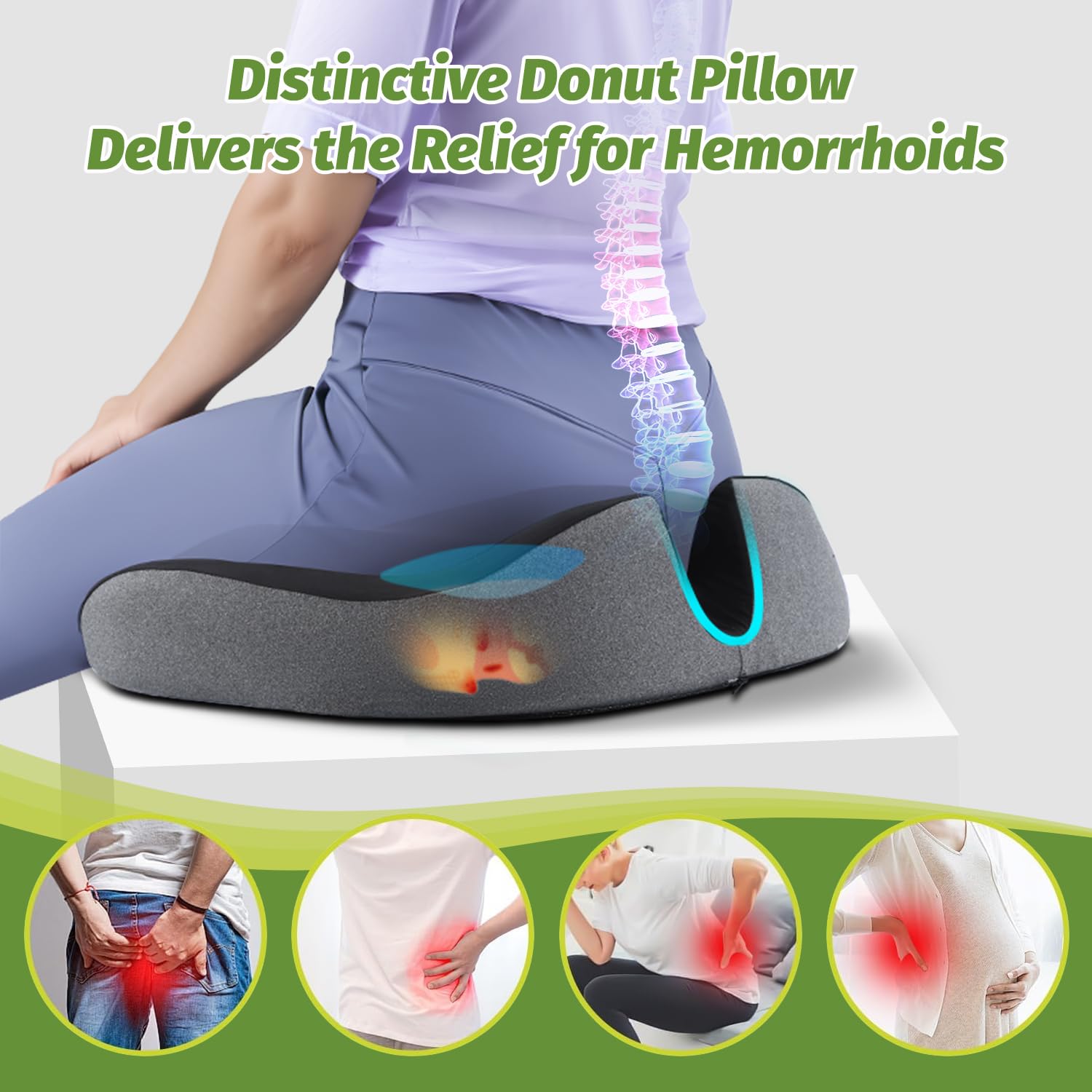 anzhixiu Concave U Surface Donut Pillow for Tailbone Pain Cradle Tailbone Reducing Pressure on Pelvis- Hemorrhoid Pillow for Office, Car, Home Seat- Black/Gray - Medaid International