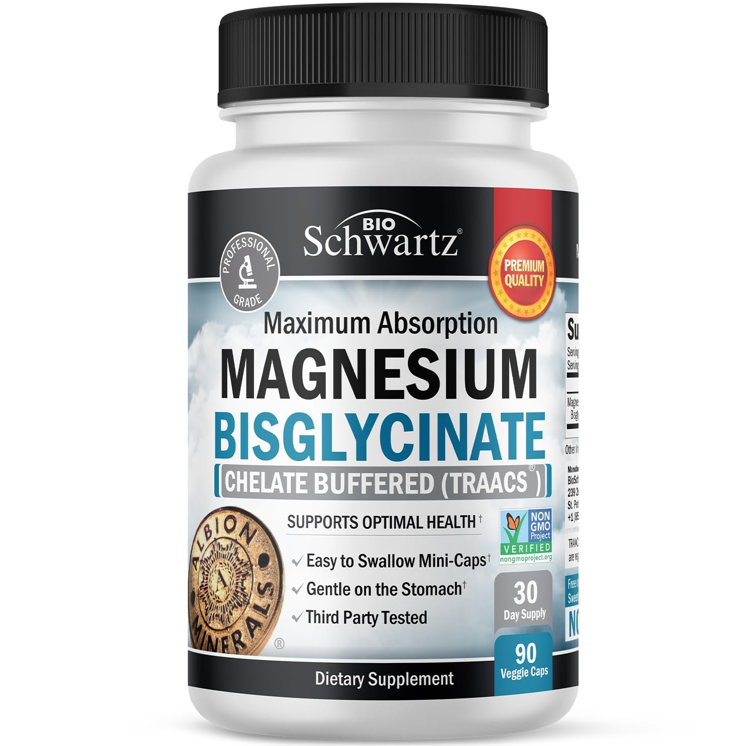 Magnesium Bisglycinate 100% Chelate No-Laxative Effect - Maximum Absorption & Bioavailability, Fully Reacted & Buffered - Healthy Energy Muscle Bone & Joint Support - Non-GMO Project Verified - 90 ct - Medaid International