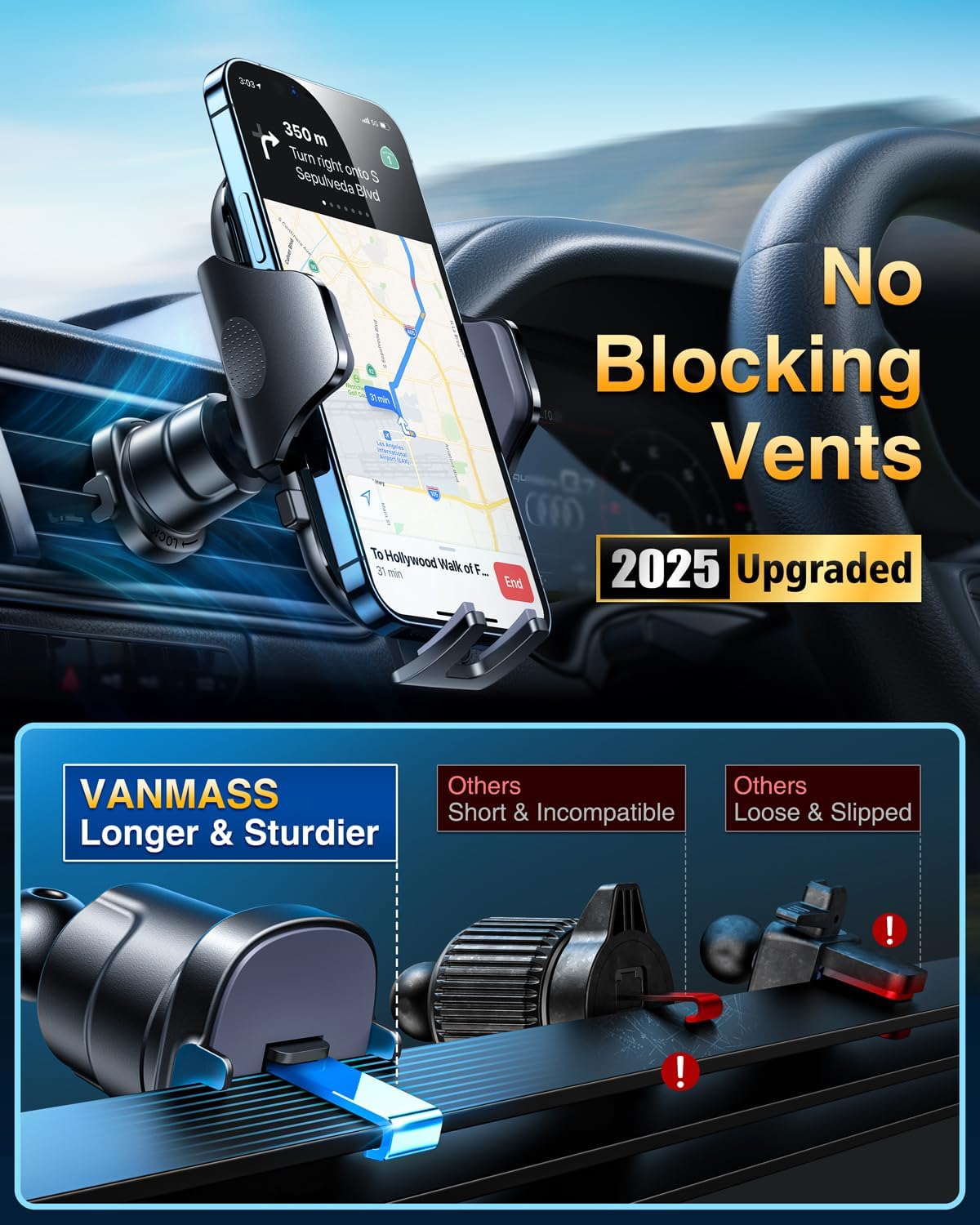 [2025 True Military-Grade] Car Phone Holder VANMASS [Upgraded Strongest Suction & Clip] Cell Phone Mount for Dashboard Windshield Vent Wall,Truck Cradle Stand for iPhone 17 Pro Max 16 15 14 13 Android - Medaid International