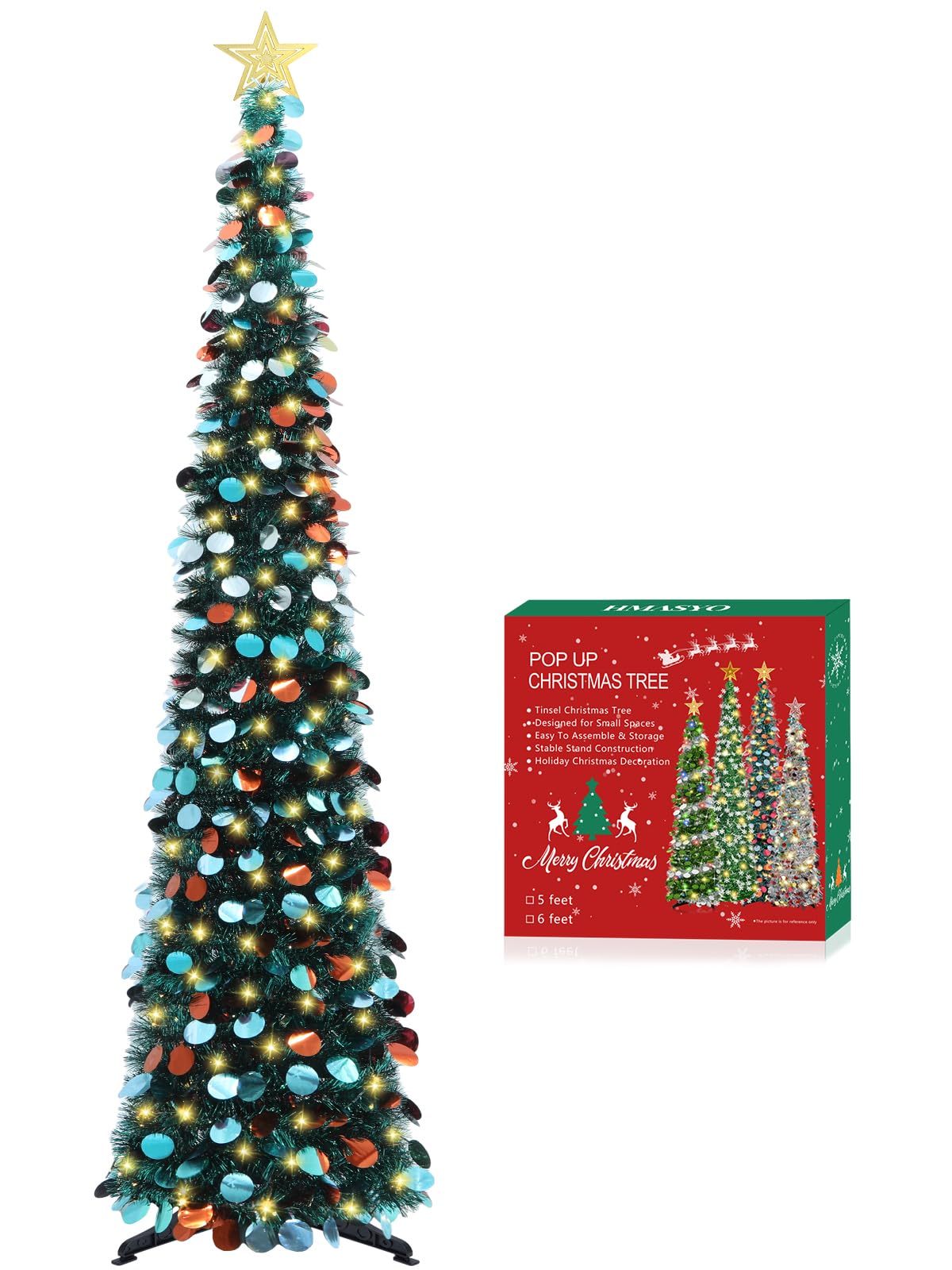 HMASYO 6 FT Pop Up Christmas Tree with 100 LED Lights & Remote, Green Christmas Tinsel Tree, Collapsible Artificial Pencil Tree for Home Office Party Decor, USB Powered Timer Lights, Easy Assembly - Medaid International