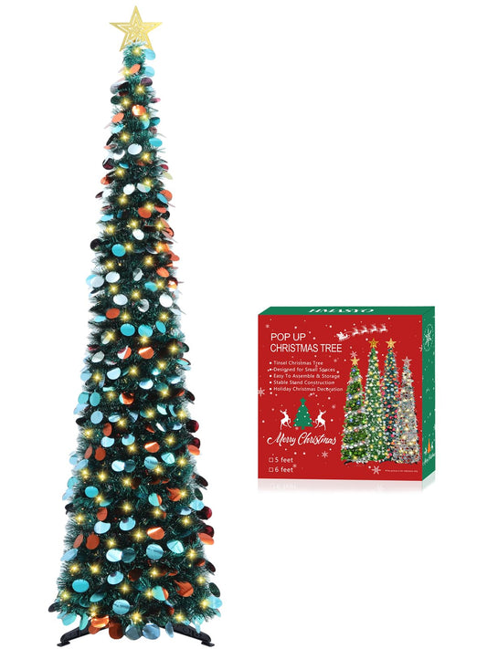 HMASYO 6 FT Pop Up Christmas Tree with 100 LED Lights & Remote, Green Christmas Tinsel Tree, Collapsible Artificial Pencil Tree for Home Office Party Decor, USB Powered Timer Lights, Easy Assembly - Medaid International