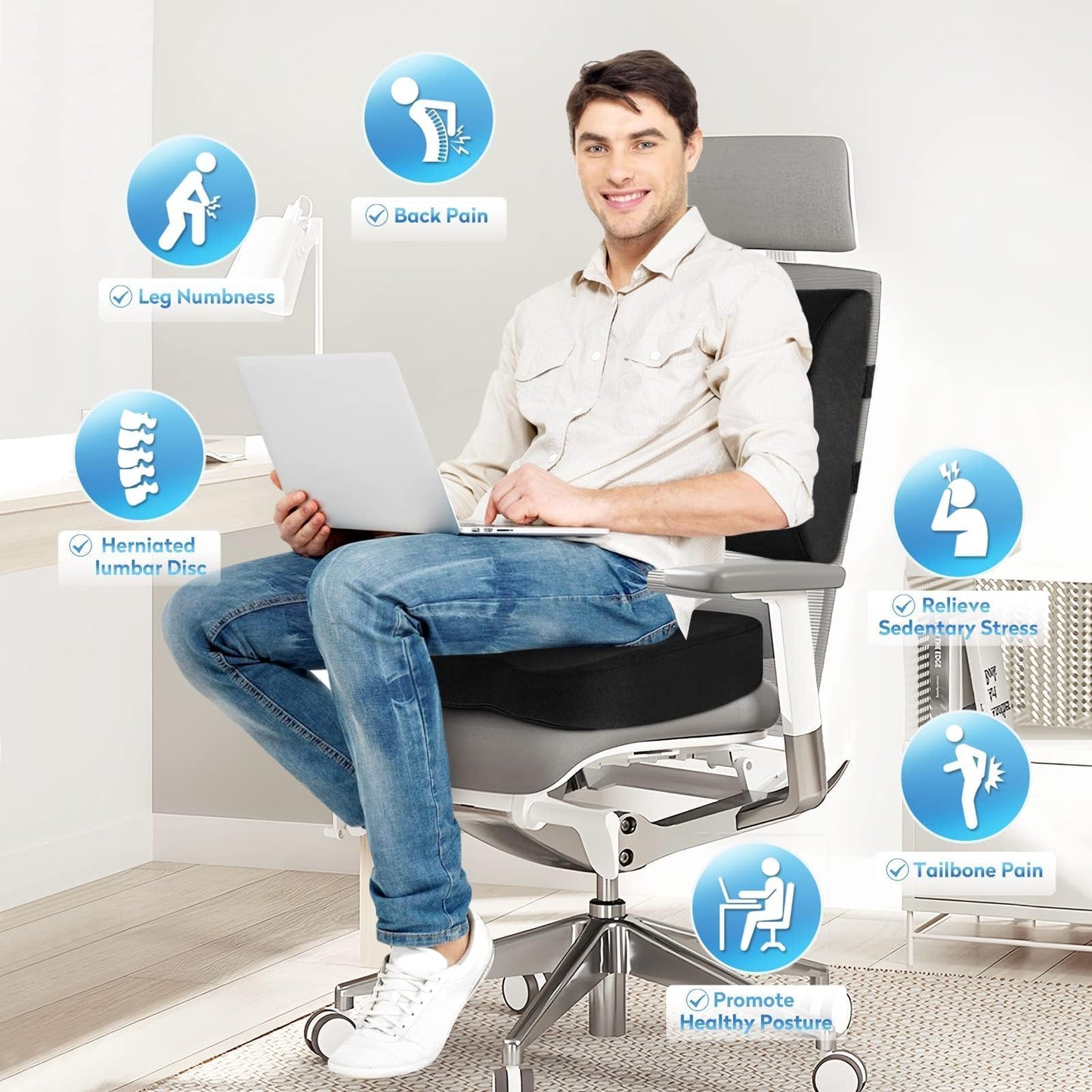 CloudBliss Seat Cushion,Office Chair Cushion,Car Seat Cushions,Lumbar Support Pillow for Office Chair,Back Support Memory Foam Pillow Coccyx Cushions for Tailbone Pain,Sciatica Back Pain Relief Black - Medaid International