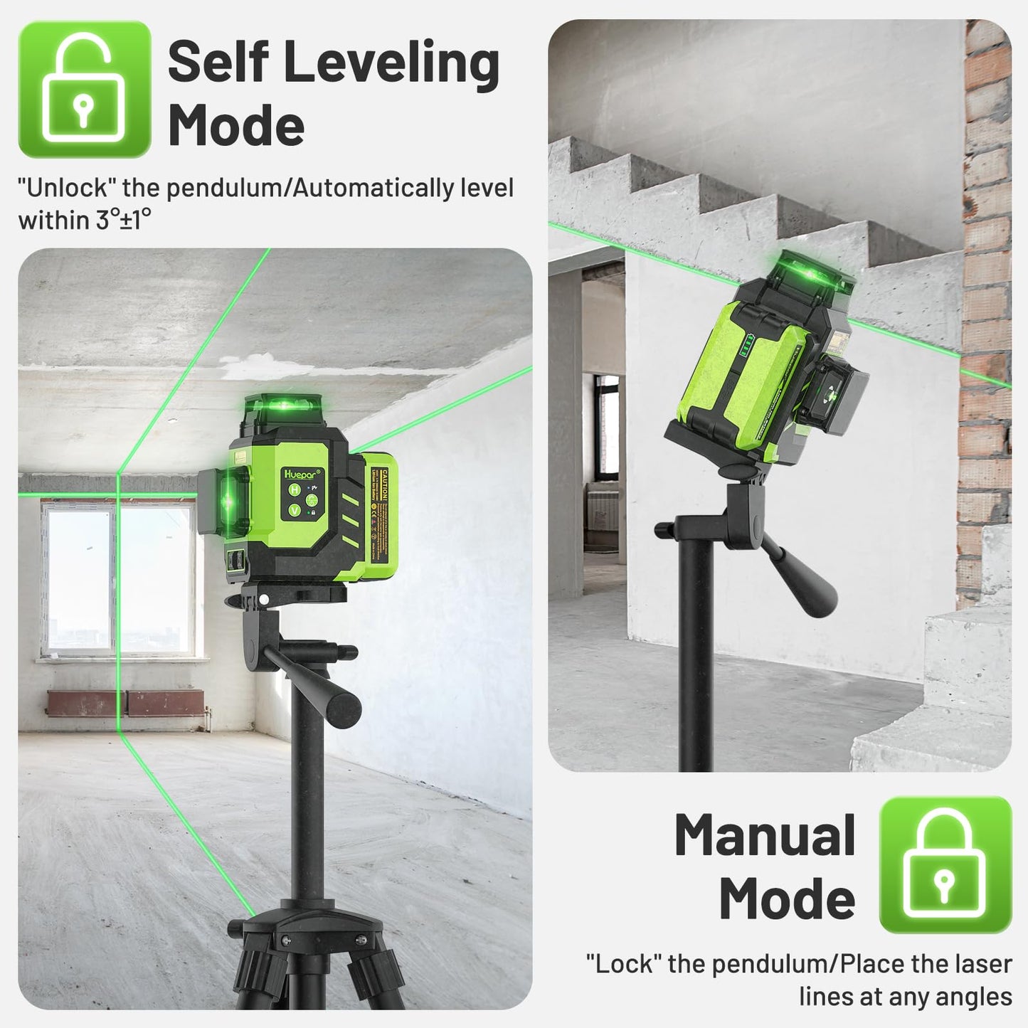 Huepar Laser Level 3x360 Self Leveling with 2 Rechargeable Batteries, 3D 12 Lines High Brightness Green Laser Level for Construction or Home Renovation, LS03CG - Medaid International