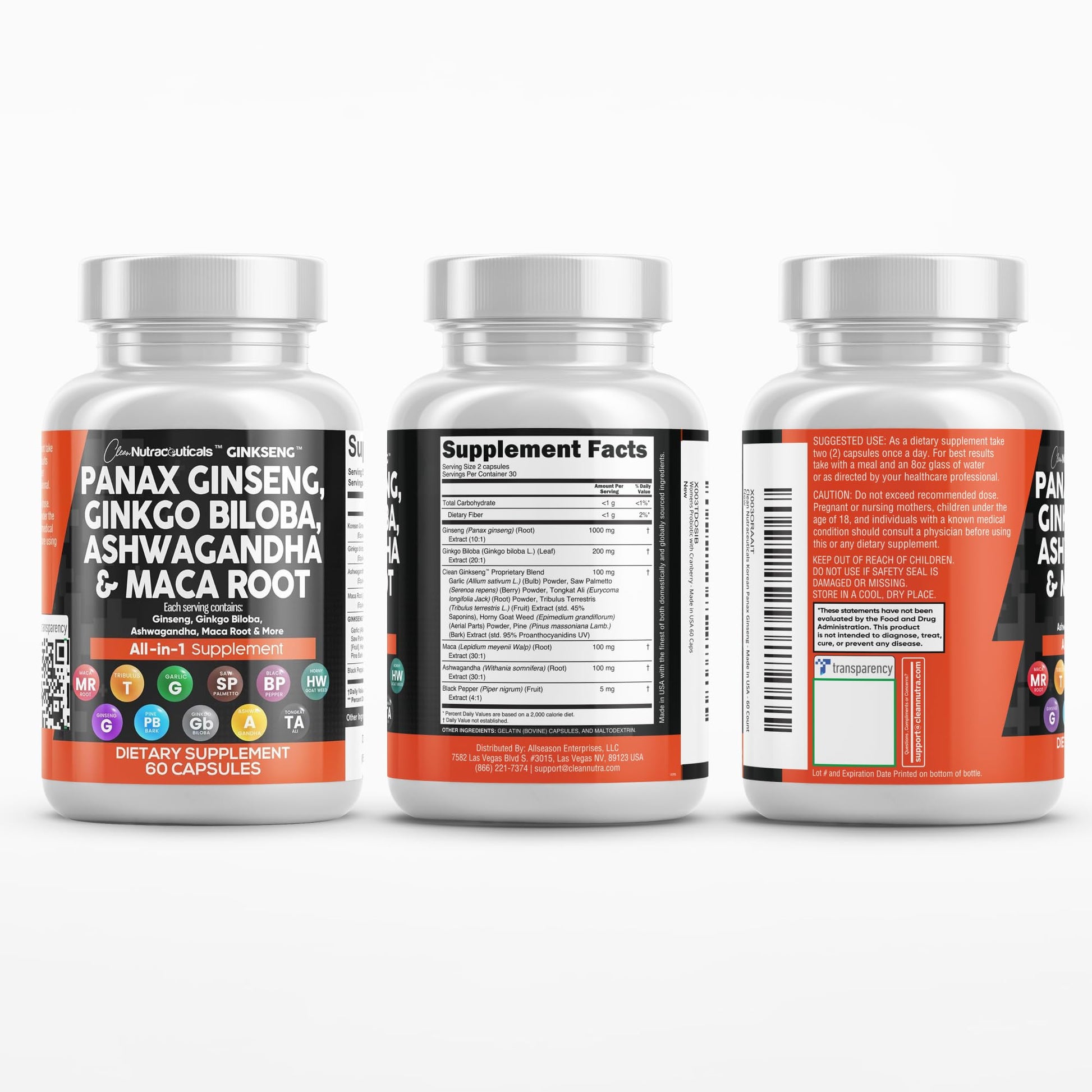 Clean Nutraceuticals Panax Ginseng Ginkgo Biloba Ashwagandha Maca Root - Focus Supplement Pills for Women and Men with Pine Bark Extract, Garlic, and Saw Palmetto - 60 Caps - Medaid International