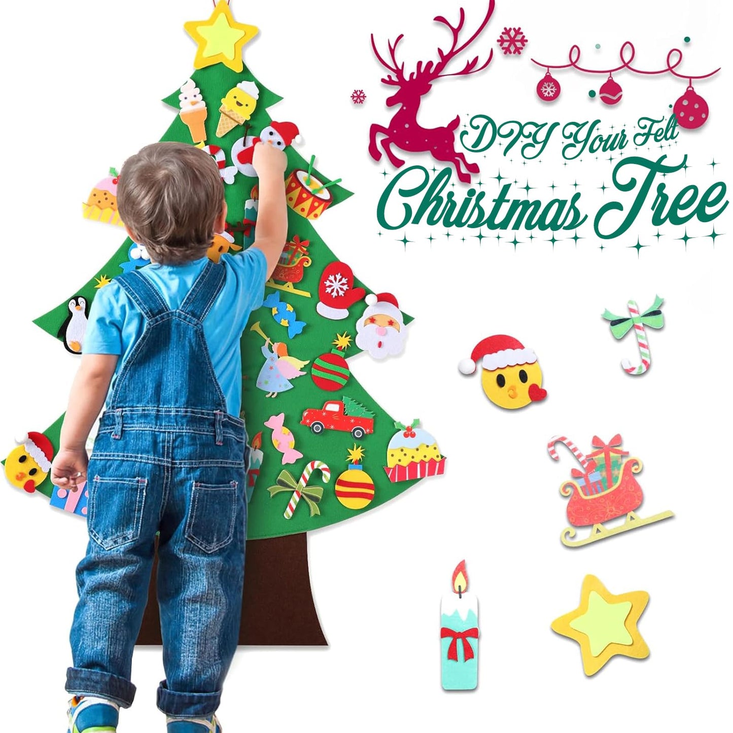 TOBEHIGHER DIY Felt Christmas Tree - 3.6 FT, 41 Piece Ornament Set, 3D Design, Reusable Adhesive Pads, Green, Life-Size, Unisex, Christmas Theme, Art & Craft Kit for Kids - Medaid International