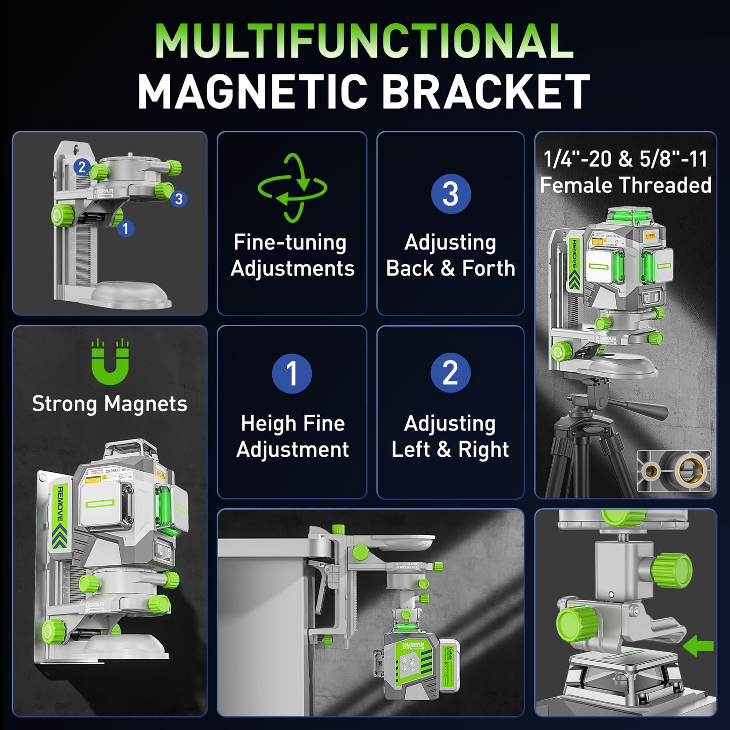 HueparPro Laser Level 3 x 360 Self Leveling Green Beam Laser Tool, High Accuracy Professional 3D Cross Line Laser with 8000mAh Rechargeable Li-ion Battery, Magnetic Bracket & Hard Carry Case ZK03CG - Medaid International