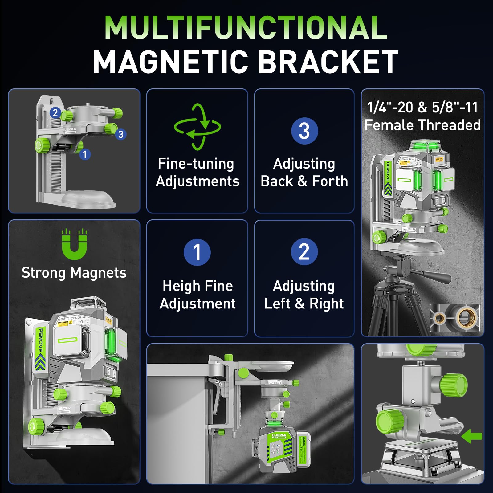 HueparPro Laser Level 3 x 360 Self Leveling Green Beam Laser Tool, High Accuracy Professional 3D Cross Line Laser with 8000mAh Rechargeable Li-ion Battery, Magnetic Bracket & Hard Carry Case ZK03CG - Medaid International