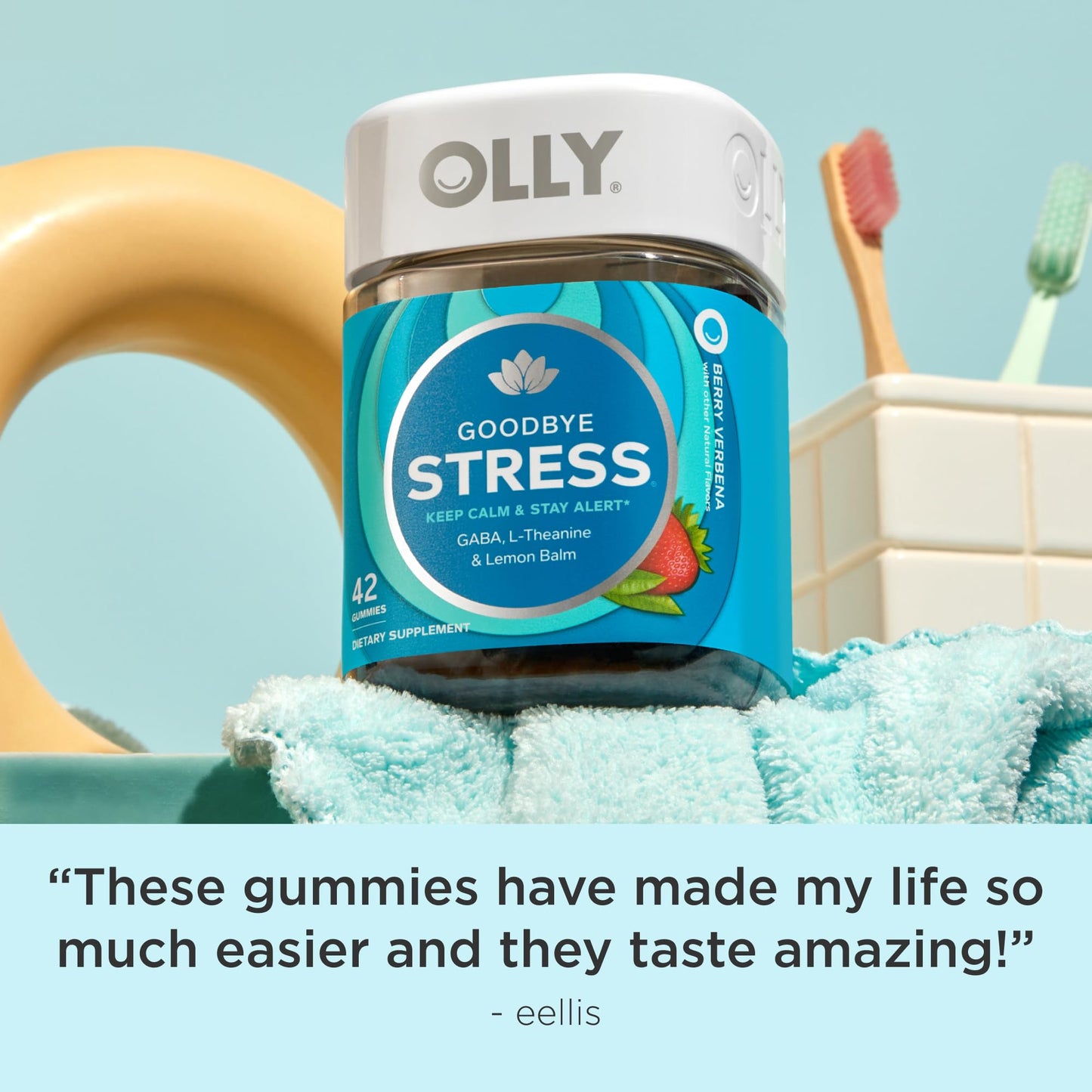 OLLY Goodbye Stress Gummy, GABA, L-Theanine, Lemon Balm, Stress Relief Supplement, Berry - 42 Count - Medaid International