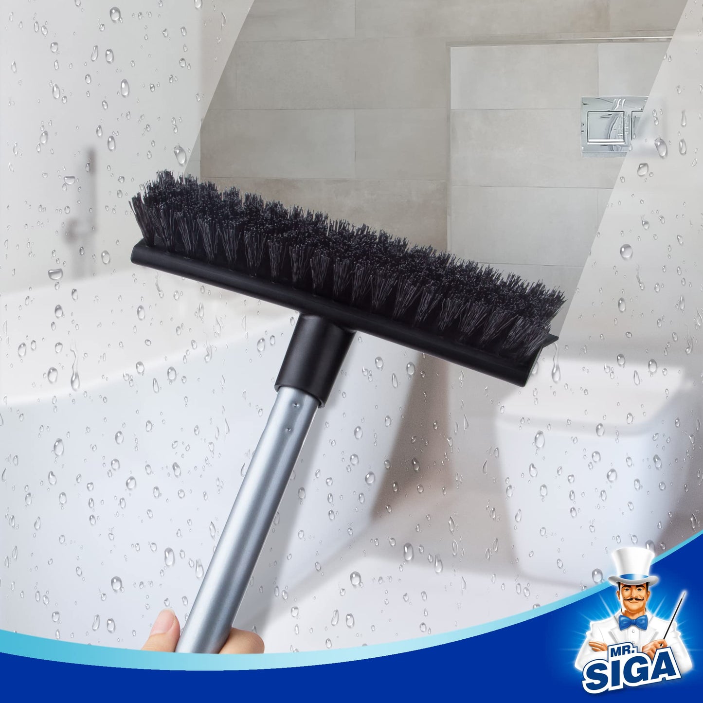 MR.SIGA Floor Scrub Brush with Long Handle, 2 in 1 Scrubber and Squeegee for Cleaning Bathroom, Patio, Garage, Wall, Tile with Stiff Bristles - Medaid International