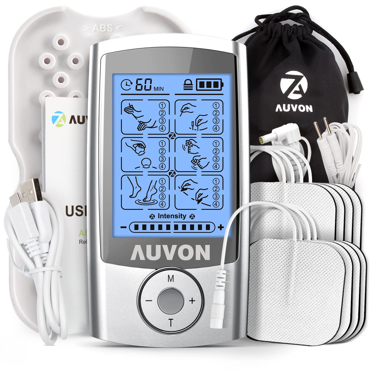 AUVON Rechargeable TENS Unit Muscle Stimulator, 24 Modes 4th Gen TENS Machine with 8pcs 2"x2" Premium Electrode Pads for Pain Relief - Medaid International