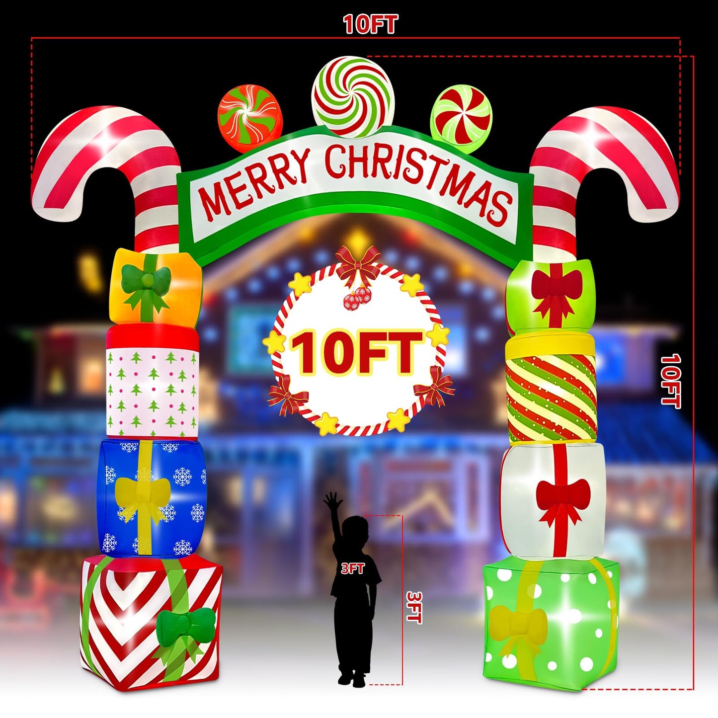 Kalolary 10 FT Christmas Inflatable Archway Gift Boxes, Xmas Arch Inflatable Blow Up Yard Outdoor Decorations Merry Christmas Giant Inflatables with Build-in Lights for Yard Garden Lawn Indoor Decor - Medaid International