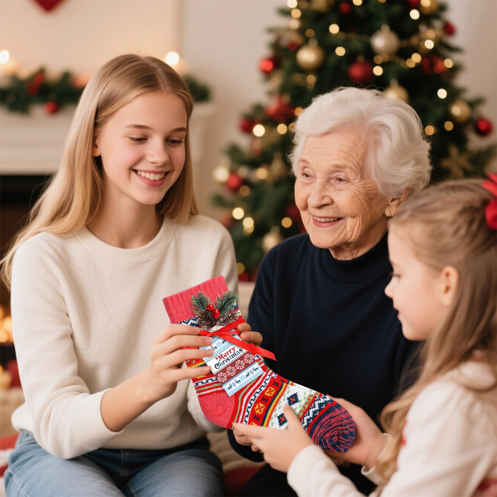 Capoda 10 Set Christmas Socks Gift Set for Women Merry Christmas Fair Isle Fuzzy Ugly Sweater Socks with Cards Pine Cones Xmas Tree Ornament for Winter Holiday Stocking Stuffers - Medaid International