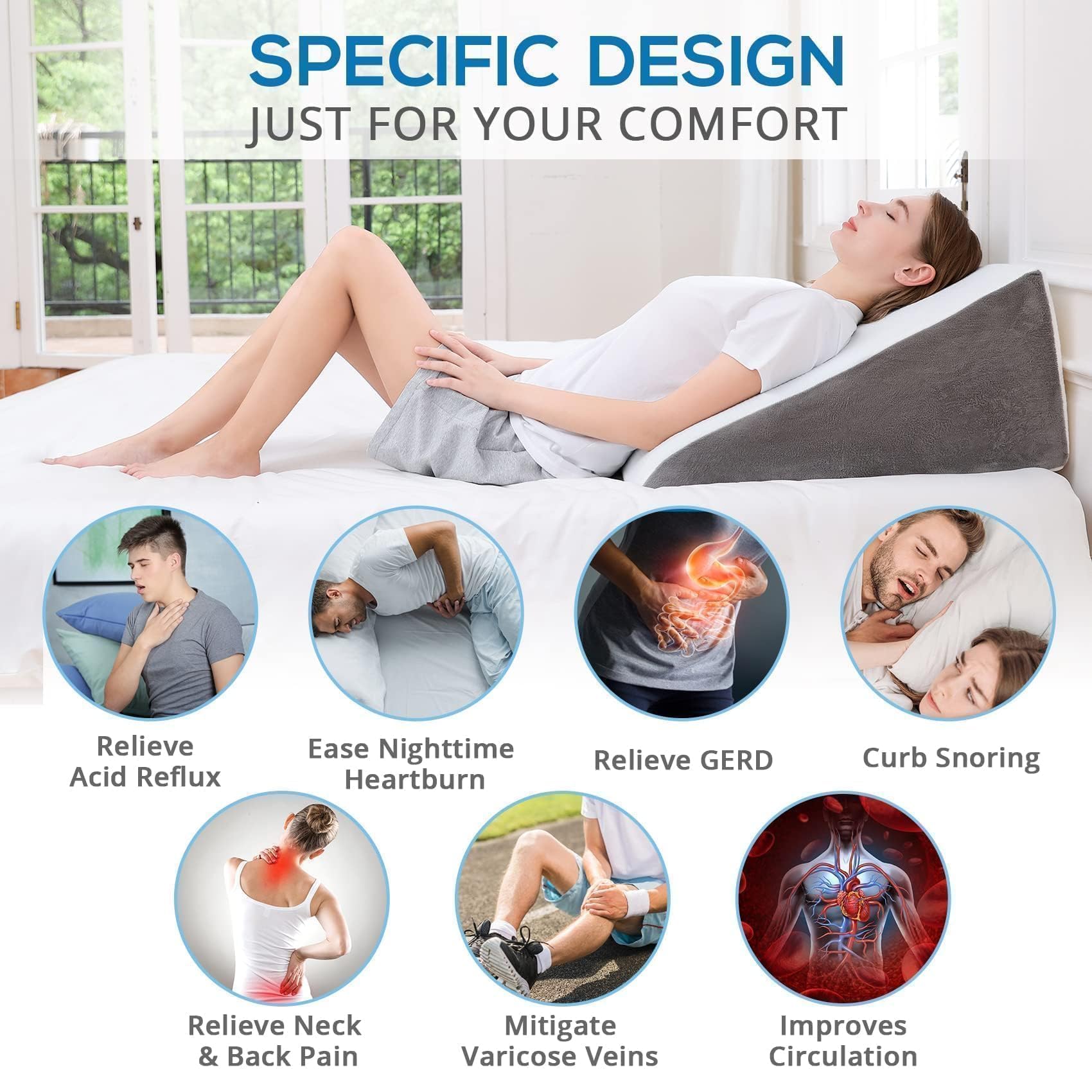 Sasttie Wedge Pillow, 12 Inch Memory Foam Bed Wedge Pillow for Sleeping, Acid Reflux, Back Pain, Post Surgery, and Snoring, Designed with Washable Cover, Cool Gray - Medaid International