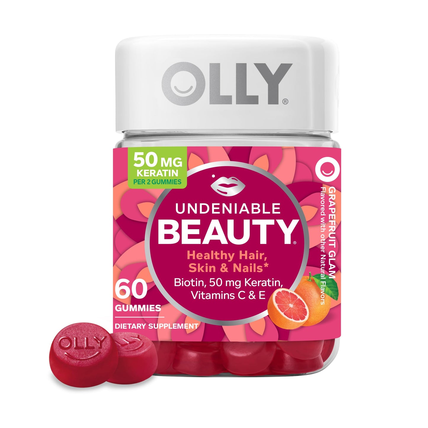 OLLY Undeniable Beauty Gummy, For Hair, Skin, Nails, Biotin, Vitamin C, Keratin, Chewable Supplement, Grapefruit, 30 Day Supply - 60 Count - Medaid International