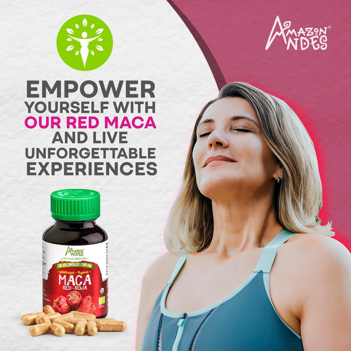 Amazon Andes Red maca Root Capsules - Female Health Supplement - Natural Energizer - USDA NOP Certified - Genitalized, Non GMO & Gluten Free - 100 Vegan Pills (1500mg per Serving) - Made in Peru - Medaid International