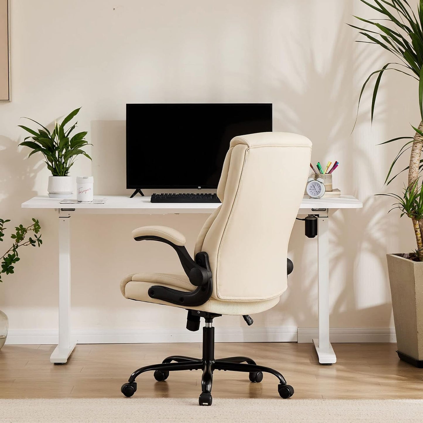 Sweetcrispy Ergonomic Office Chair Heavy Duty Task Desk Chair with Flip-up Arms, PU Leather, Adjustable Swivel Rolling Chair with Wheels, Beige - Medaid International