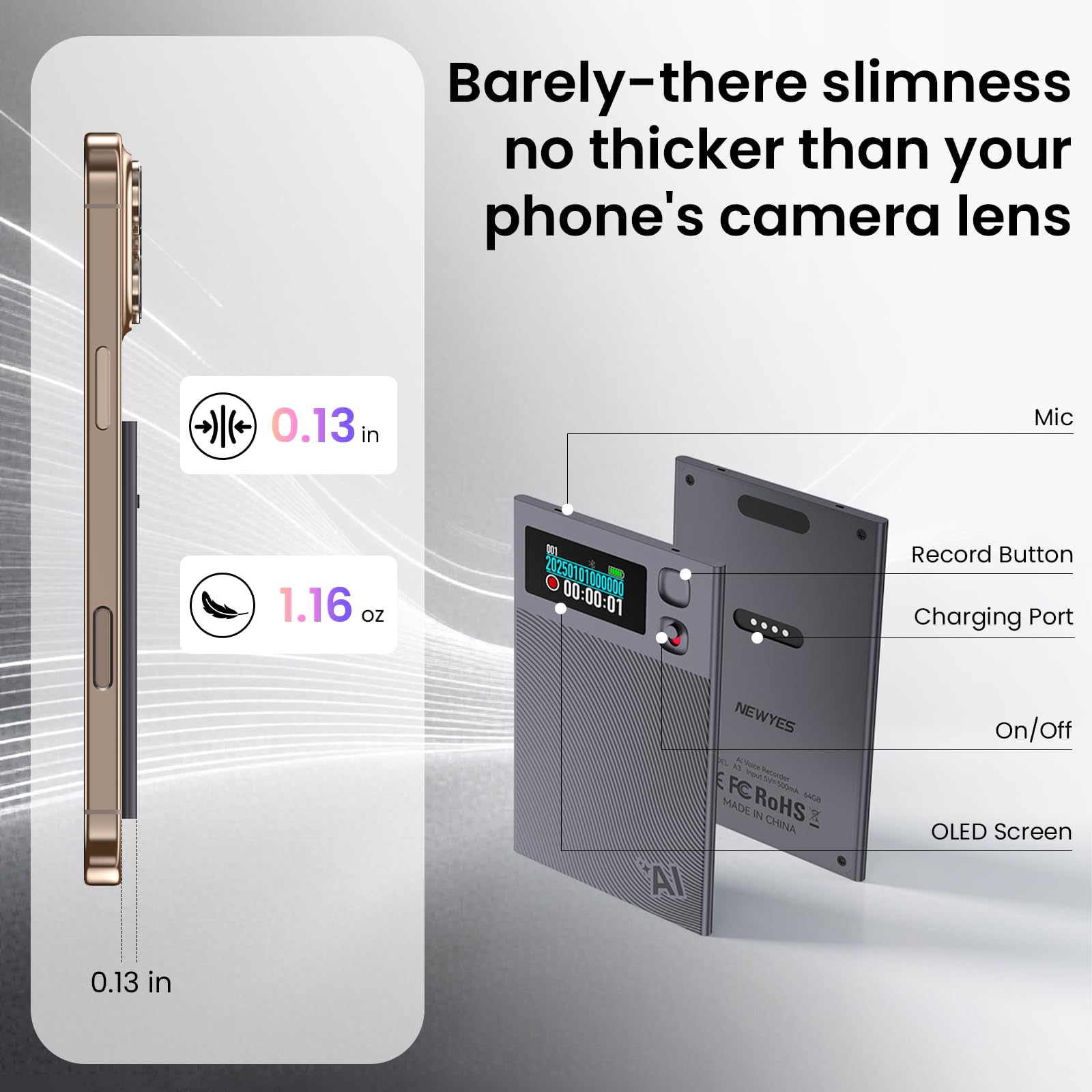 AI Voice Recorder, NEWYES Ailog Smart Digital Audio Recorder Meeting Card, App Control, Transcribe & Summarize, 188+ Languages Translation, 64GB Memory, for Meetings, Conference, Business, Calls - Medaid International