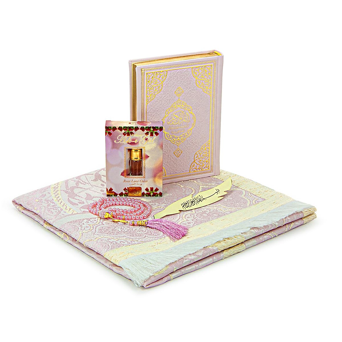ihvan online Prayer Gift Set for Hajj and Umrah, Muslim Prayer Rug, Prayer Mat, Beads Taasbih, Holy Quran Translated English, Muslim Praying Mat, Islamic Gift Set for Ramadan & Eid, Pink - Medaid International