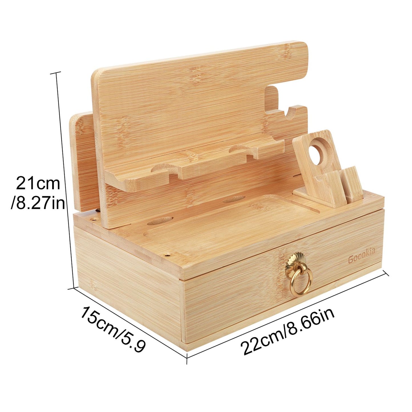 Gocokia Multifunctional Bamboo Stands, Dual Cell Phone Holder, Tablet Storage Stand, Watch Storage Hanger, Bamboo Cell Phone Holder with Drawer - Medaid International