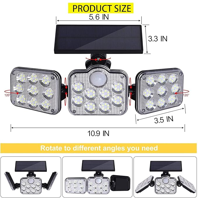 كشاف طاقة شمسية للحماية – 3 روس بيتحرّكوا، 138 ضو LED، ضد الميّ