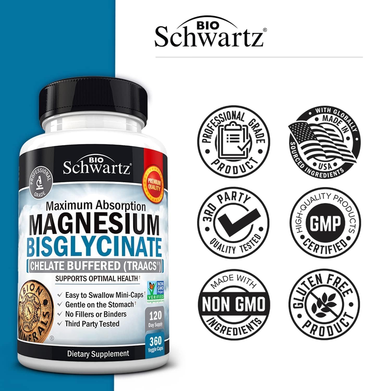 Magnesium Bisglycinate Chelated Supplement - High Absorption Magnesium Supplement for Muscle, Bone & Joint Support, Non-Laxative, Fully Buffered, Non-GMO, Maximum Bioavailability - 360 Capsules - Medaid International