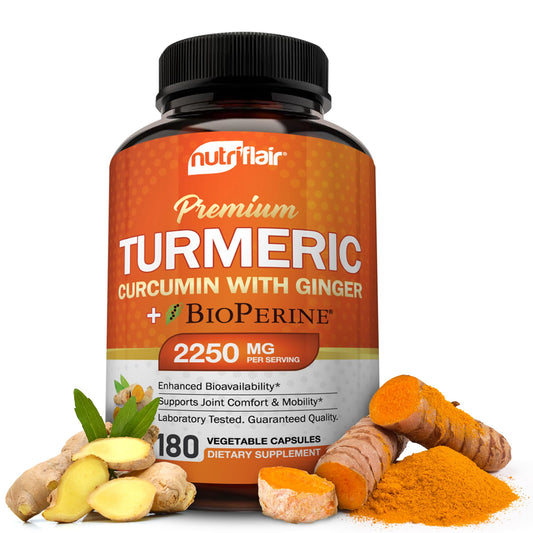 NutriFlair Turmeric Curcumin with Ginger and BioPerine Black Pepper Supplements, 180 Capsules - 95% Curcuminoids - Joint Support, Antioxidant, Anti Aging - Natural, Non-GMO, Vegan Best Maximum Potency - Medaid International