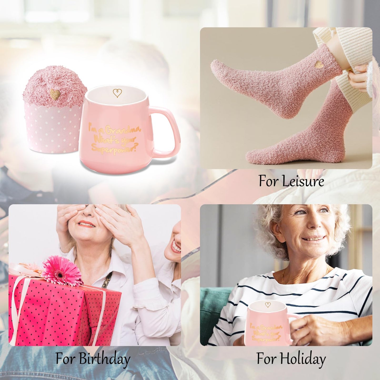 Yalucky Pink Ceramic Coffee Mug, 12 oz, 'I'm a Grandma What's Your Superpower', Includes Fuzzy Socks, Perfect for Grandma Gifts: Birthday, Mother's Day, Christmas - Medaid International