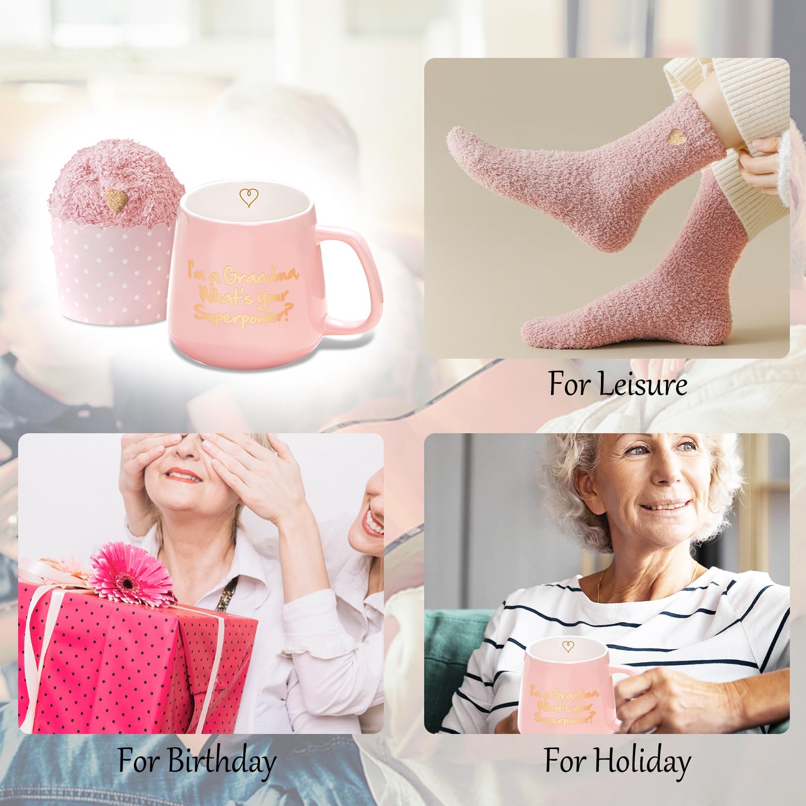 Yalucky Pink Ceramic Coffee Mug, 12 oz, 'I'm a Grandma What's Your Superpower', Includes Fuzzy Socks, Perfect for Grandma Gifts: Birthday, Mother's Day, Christmas - Medaid International