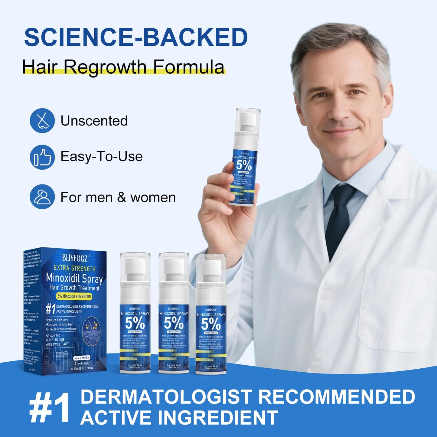 5% Minoxidil Spray for Men and Women, Infused with Biotin, for Hair Regrowth Treatment, Beard Growth, Extra Strength Treatment to Combat Hair Loss and Thinning, 3 Month Supply, 3 Bottles - Medaid International