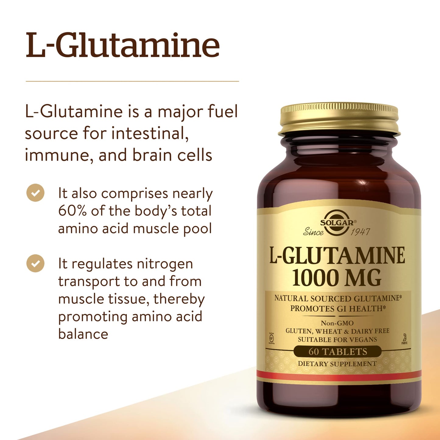 Solgar L-Glutamine 1000 mg, 60 Tablets - Natural Muscle Food - Promotes Gastrointestinal (GI) Health - Supports Brain Health - Non-GMO, Vegan, Gluten Free, Kosher - 30 Servings - Medaid International