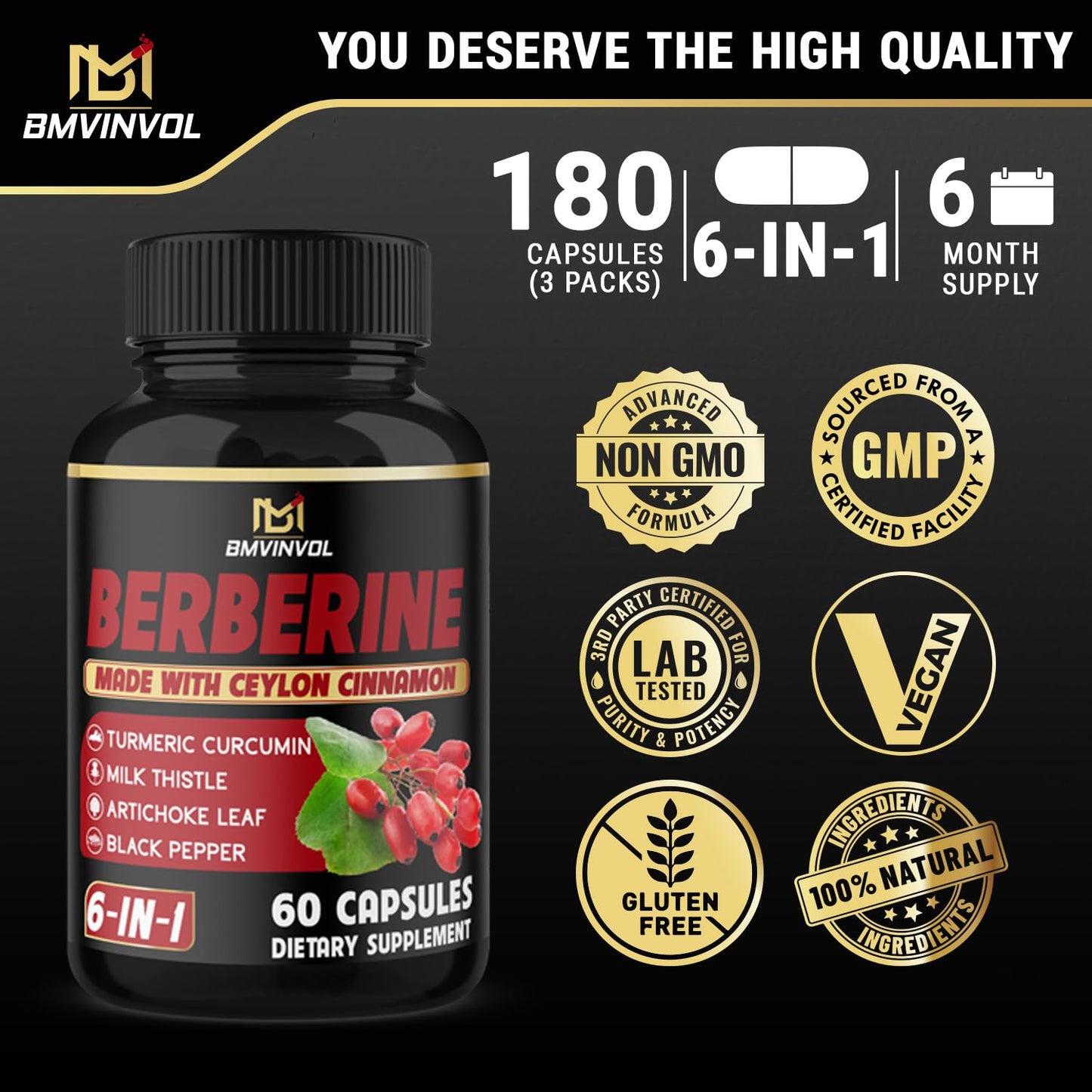 (3 Packs) Berberine Supplement Plus Ceylon Cinnamon, Milk Thistle, Turmeric, Artichoke Leaf, Black Peppe - 6 Month Supply - 180 Capsules Total - Medaid International