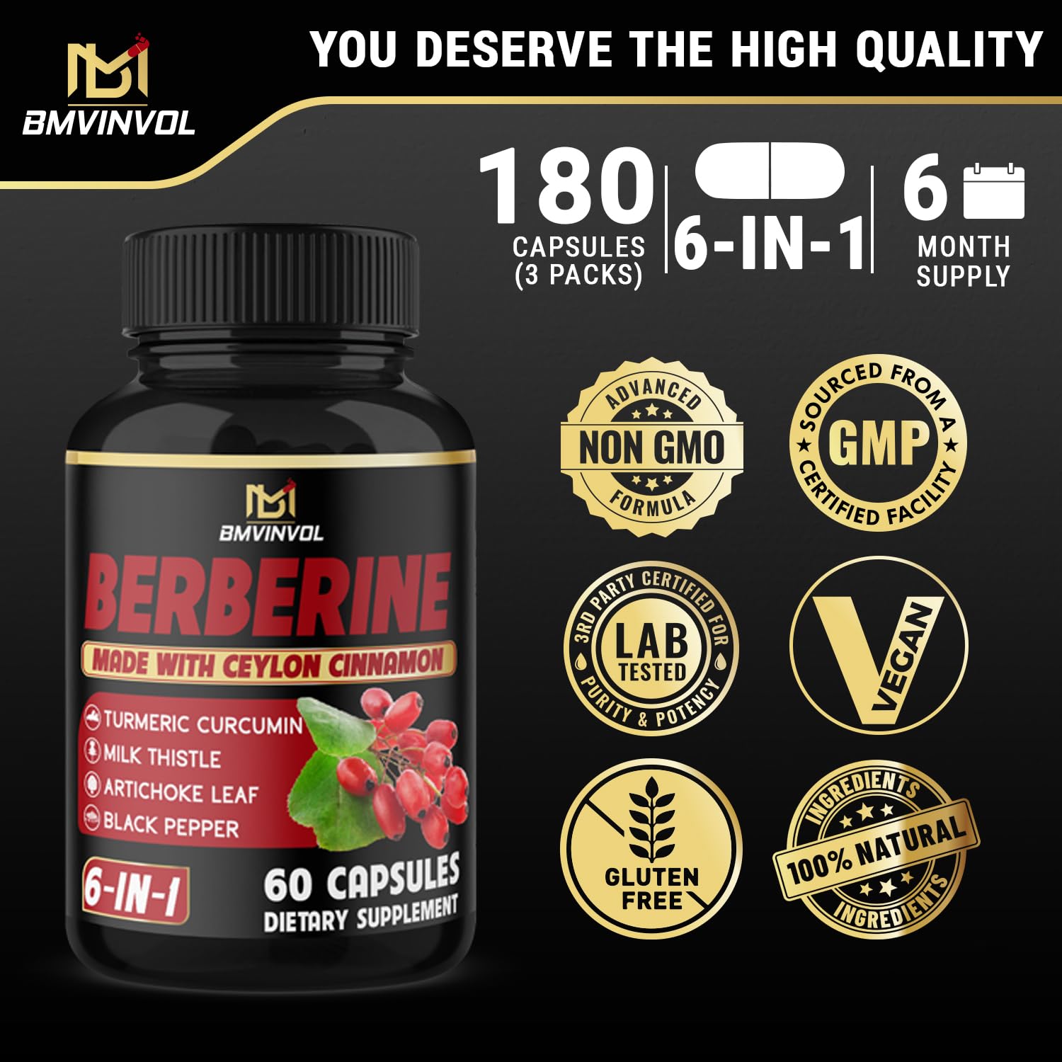 (3 Packs) Berberine Supplement Plus Ceylon Cinnamon, Milk Thistle, Turmeric, Artichoke Leaf, Black Peppe - 6 Month Supply - 180 Capsules Total - Medaid International