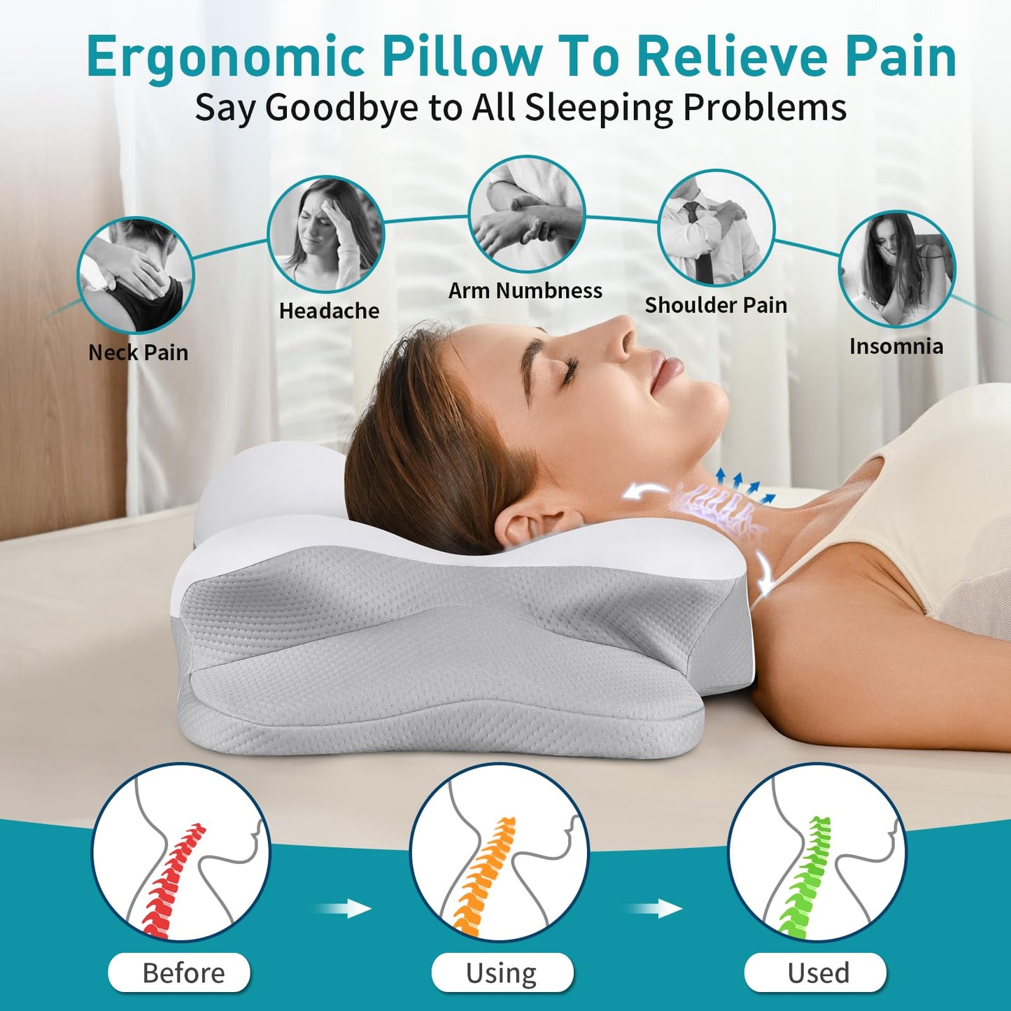 Cervical Pillow for Neck Pain Relief, Ergonomic Neck Pillow for Sleeping Contour Memory Foam Pillows with Cooling Pillowcase, Orthopedic Bed Pillow for Side Back Stomach Sleepers - Medaid International