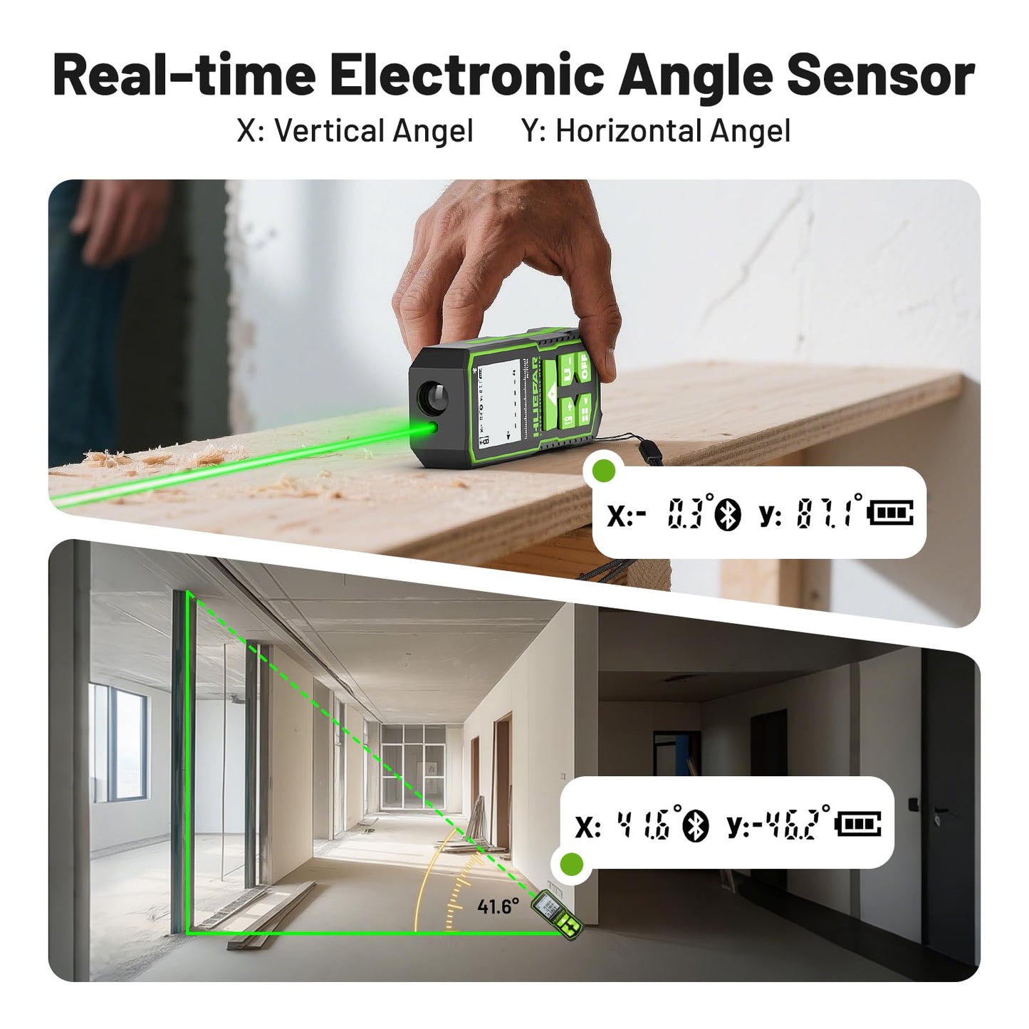 Huepar 330FT Green Laser Measuring Tool with Angle Sensor, ±1/16in (±1.5MM) Accuracy, Rechargeable Digital Laser Room Measuring Device, Laser Distance Measurement, Gifts for Men, Fathers Day Birthday - Medaid International