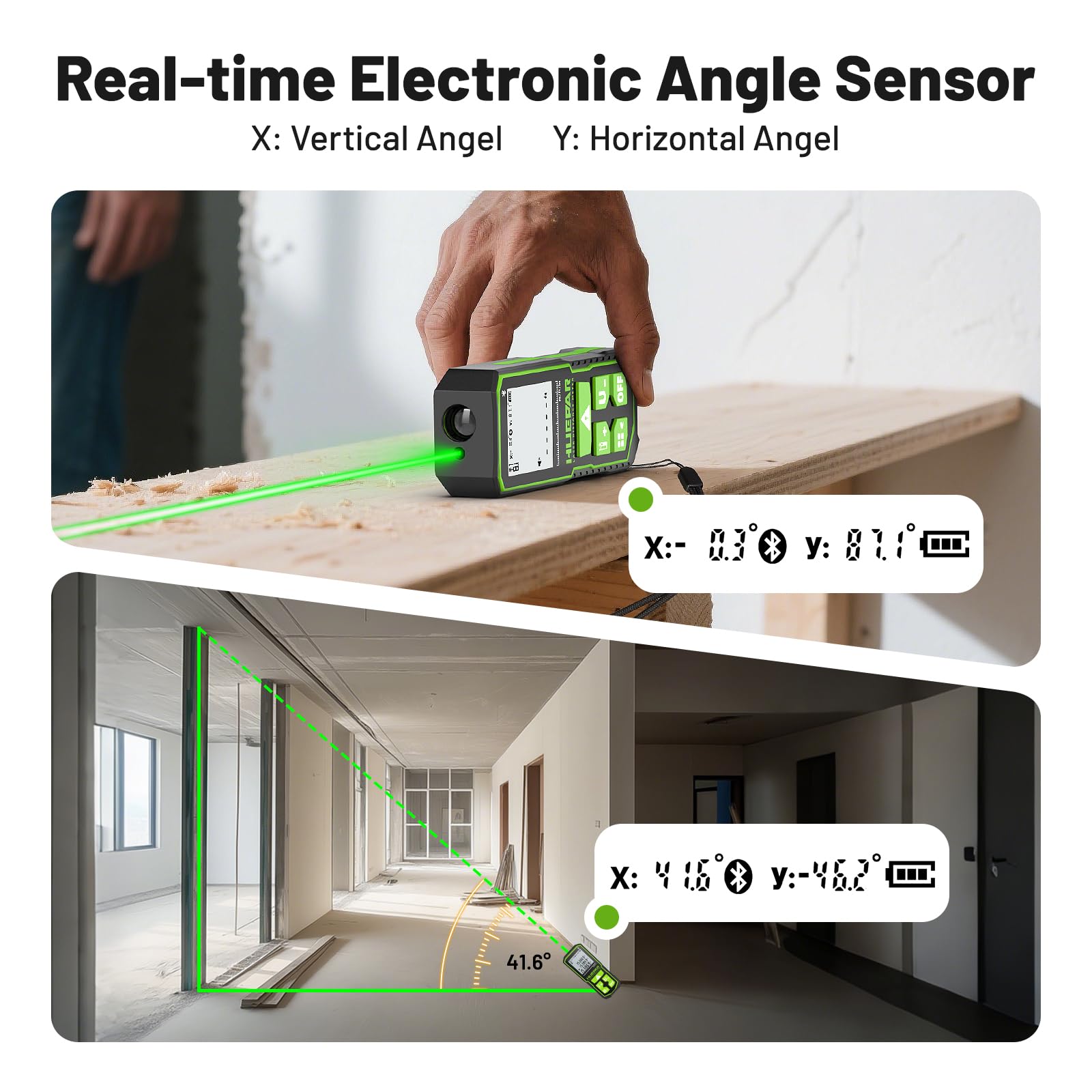 Huepar 330FT Green Laser Measuring Tool with Angle Sensor, ±1/16in (±1.5MM) Accuracy, Rechargeable Digital Laser Room Measuring Device, Laser Distance Measurement, Gifts for Men, Fathers Day Birthday - Medaid International