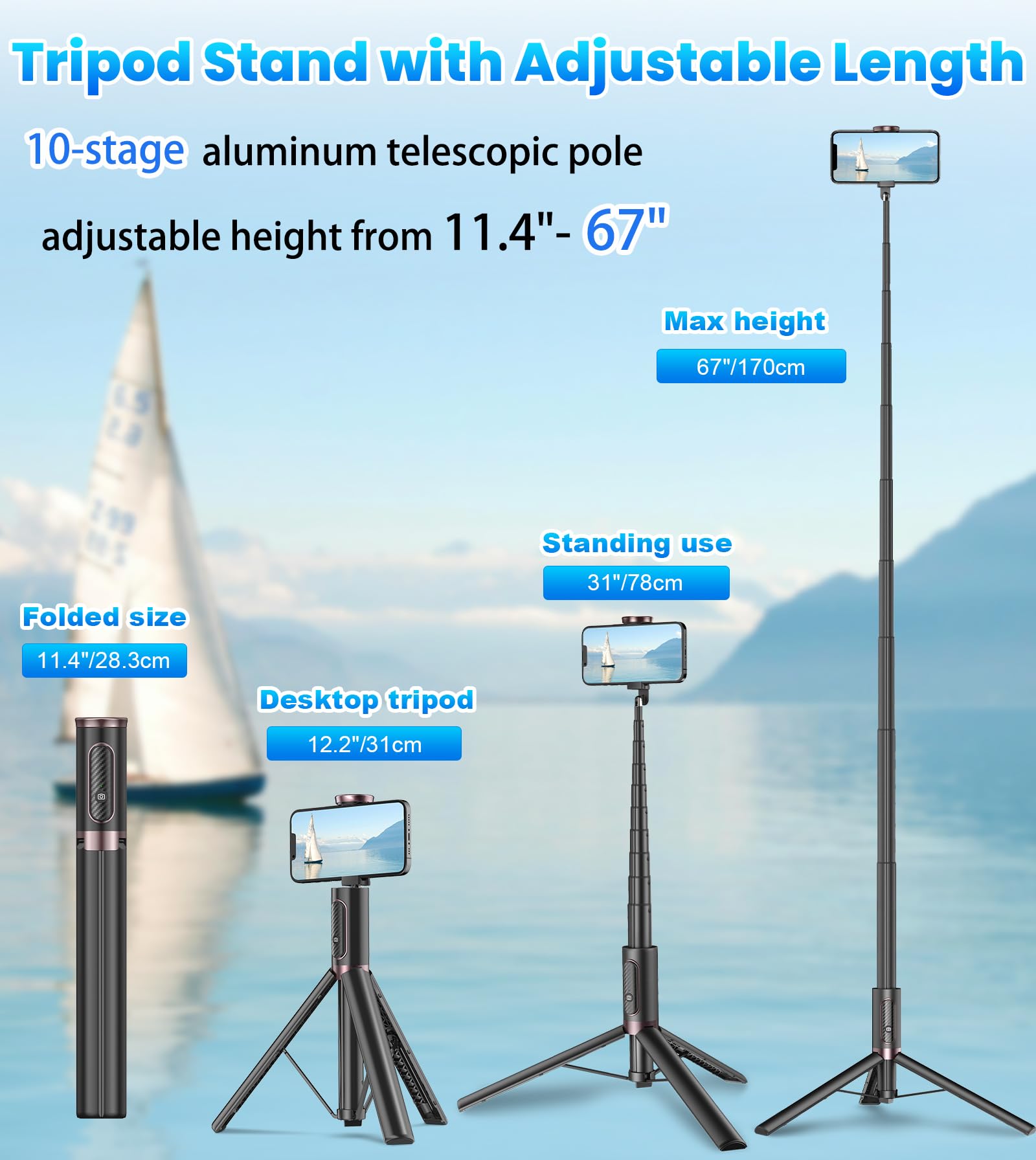 TONEOF 67" Cell Phone Selfie Stick Tripod,Smartphone Stand All-in-1 with Integrated Wireless Remote,Portable,Lightweight,Extendable for iPhone/Android(Black) - Medaid International