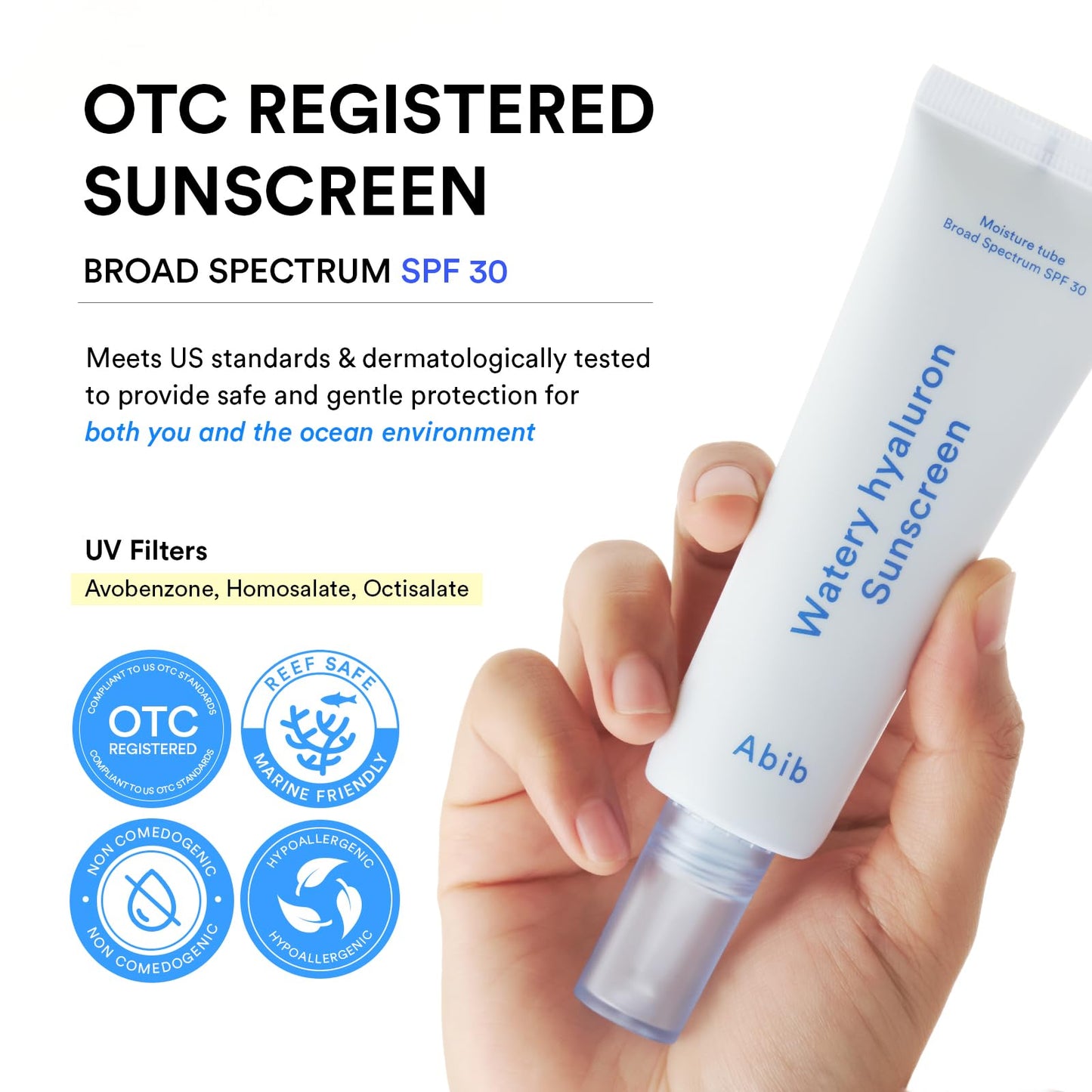 Abib Watery Hyaluron Sunscreen Moisture Tube Broad Spectrum SPF 30 1.69 fl oz / 50ml | Korean Suncreen Suncare Sunblock No White cast Reef Safe Hyaluronic Acid Niacinamide Vitamin C Collagen - Medaid International
