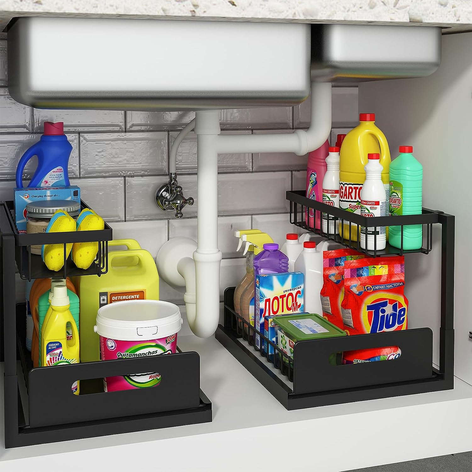 REALINN Under Sink Organizer and Storage, 2 Pack Pull Out Cabinet Organizer Slide Out Sink Shelf Cabinet Storage Shelves, Under Sink Storage for Kitchen Bathroom Cabinet - Medaid - Lebanon