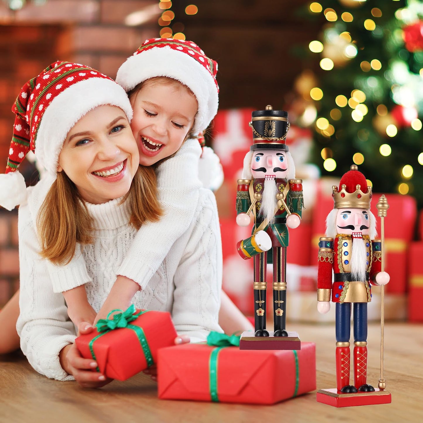 Tpudn 2 Pcs Wooden Christmas Nutcracker Soldier, 30CM Traditional Painted Figures, Festive Collectible for Home Fireplace Tree Party Decoration (Drummer & Spear) - Medaid International