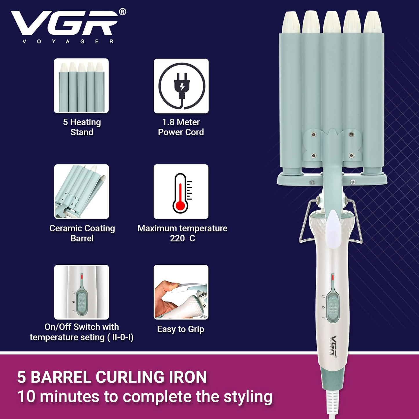 VGR V597, Professional Wavy Hair 5 Barrels Curling Iron - Medaid International