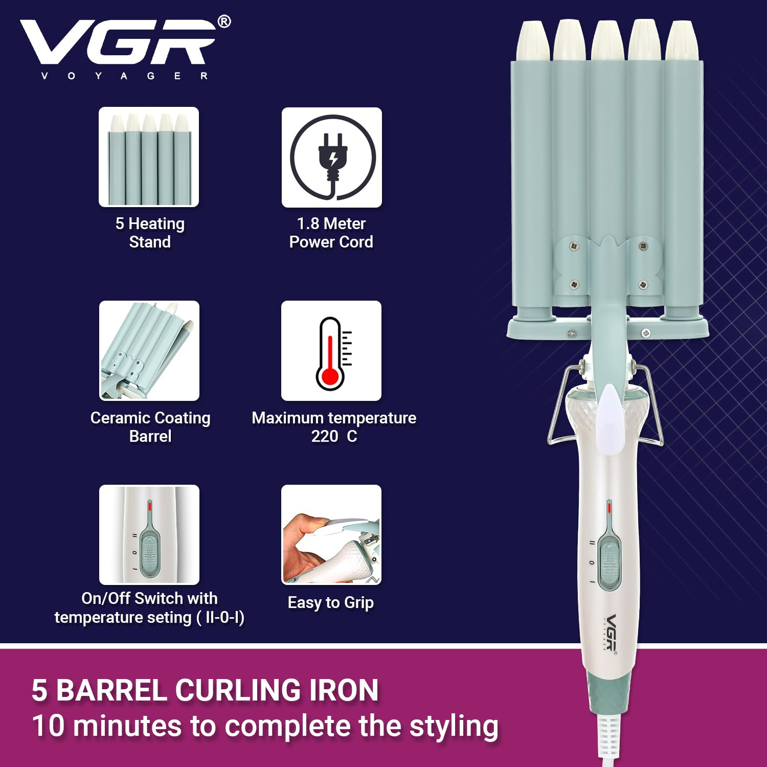 VGR V597, Professional Wavy Hair 5 Barrels Curling Iron - Medaid International