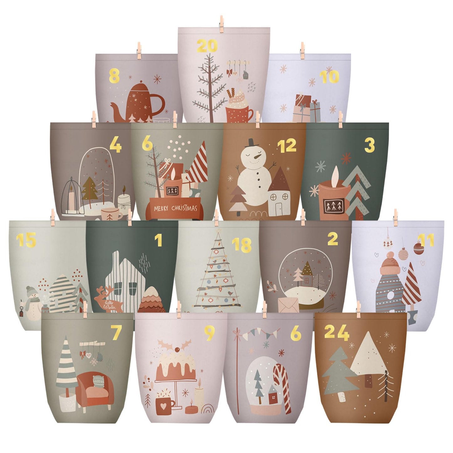 Yinsun Advent Calendar 2025, 24 Christmas Advent Calendars to Fill for Countdown - Empty Christmas Gift Paper Bags with Wooden Clips for Children and Adults DIY Craft - Medaid International