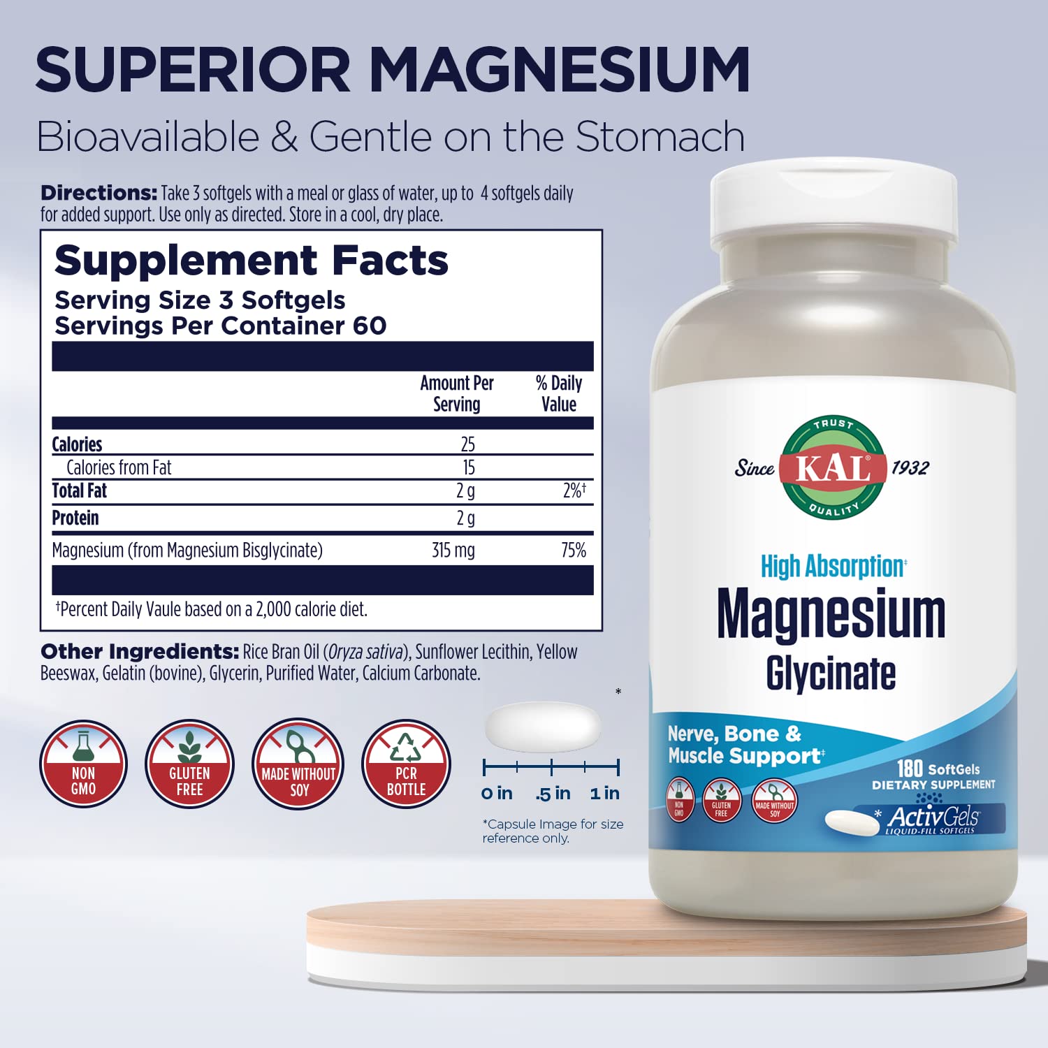 KAL Magnesium Glycinate ActivGels 315mg, Fully Chelated, High Absorption Magnesium Supplement for Relaxation, Muscle & Bone Support, Non-GMO, Gluten Free, 60 Servings, 180 Softgels - Medaid International