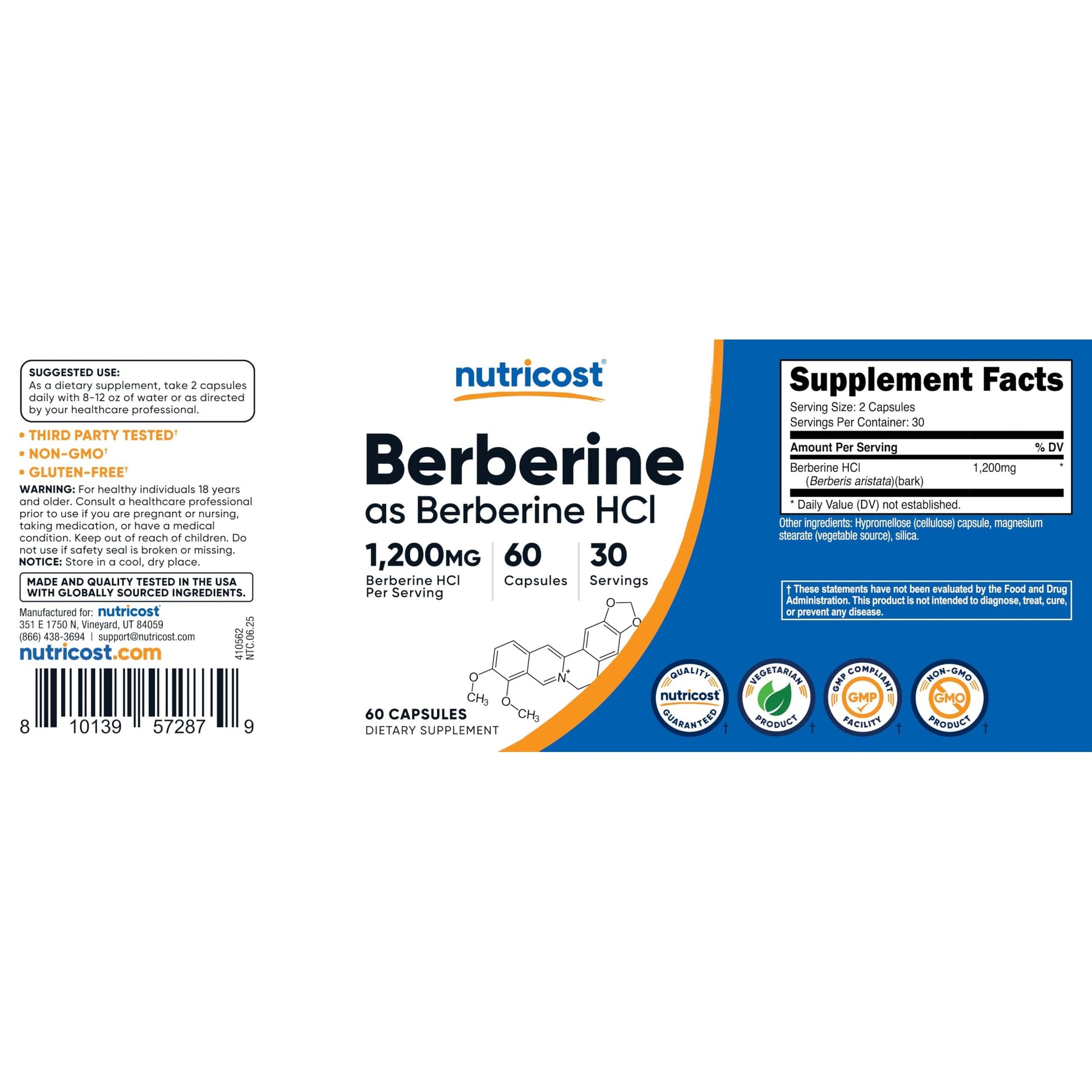 Nutricost Berberine HCl 1200mg , 60 Vegetarian Capsules - Gluten Free & Non-GMO - Medaid International