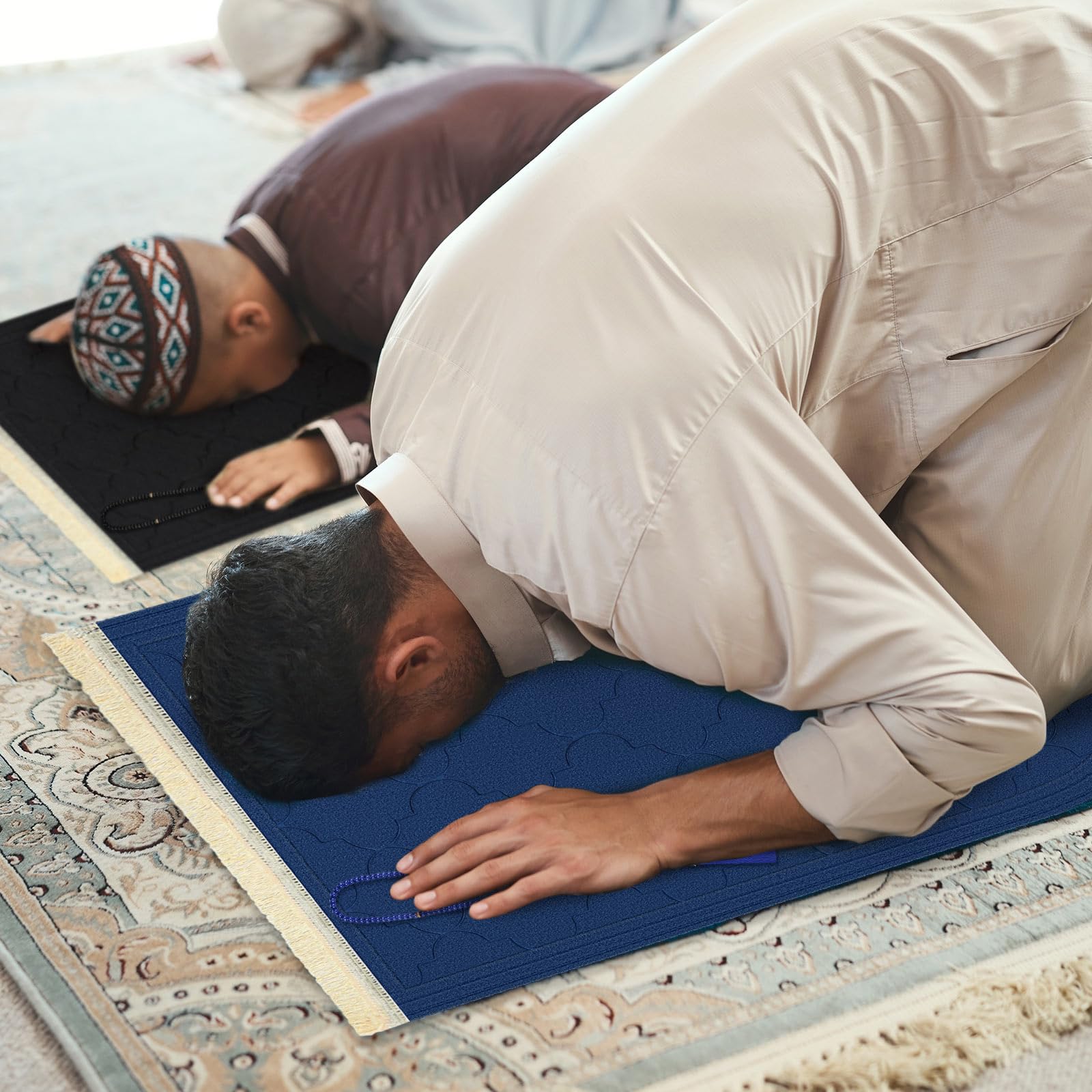 Fanfanwin 2 Pcs Muslim Prayer Rug Blue and Black Thickening Sponge Muslim Rug Islamic Prayer Mat with 2 Pcs Prayer Beads Islam Gifts for Men Women Eid Travel Ramadan - Medaid International
