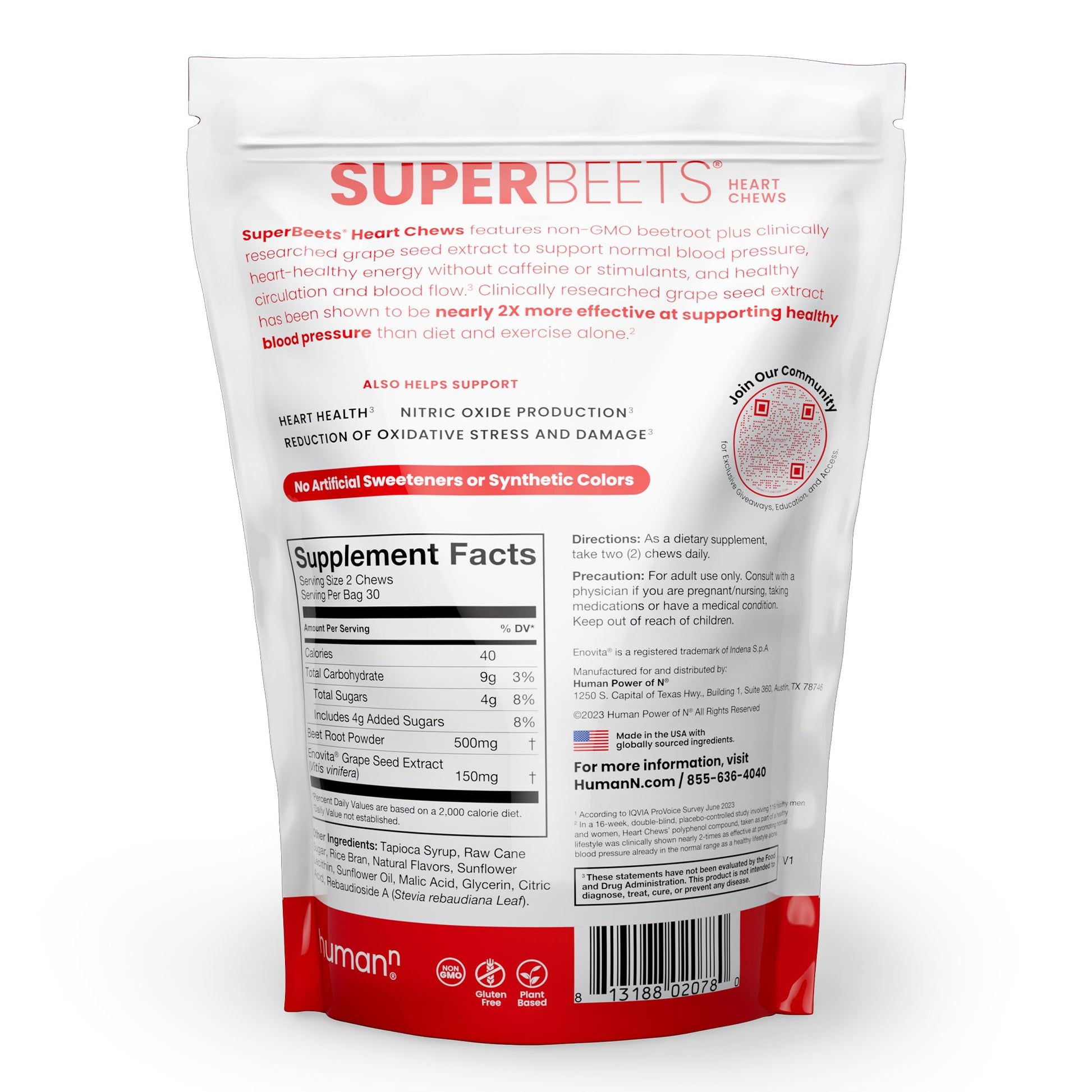 HumanN SuperBeets Heart Chews, Nitric Oxide and Blood Pressure Support, Grape Seed Extract & Non-GMO Beet Root Powder Energy Supplement, Pomegranate Berry Flavor, 60 Count - Medaid International