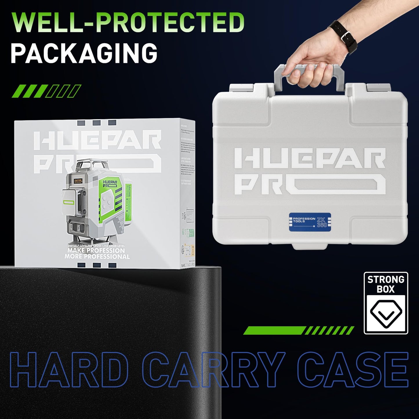 HueparPro Laser Level 3 x 360 Self Leveling Green Beam Laser Tool, High Accuracy Professional 3D Cross Line Laser with 8000mAh Rechargeable Li-ion Battery, Magnetic Bracket & Hard Carry Case ZK03CG - Medaid International