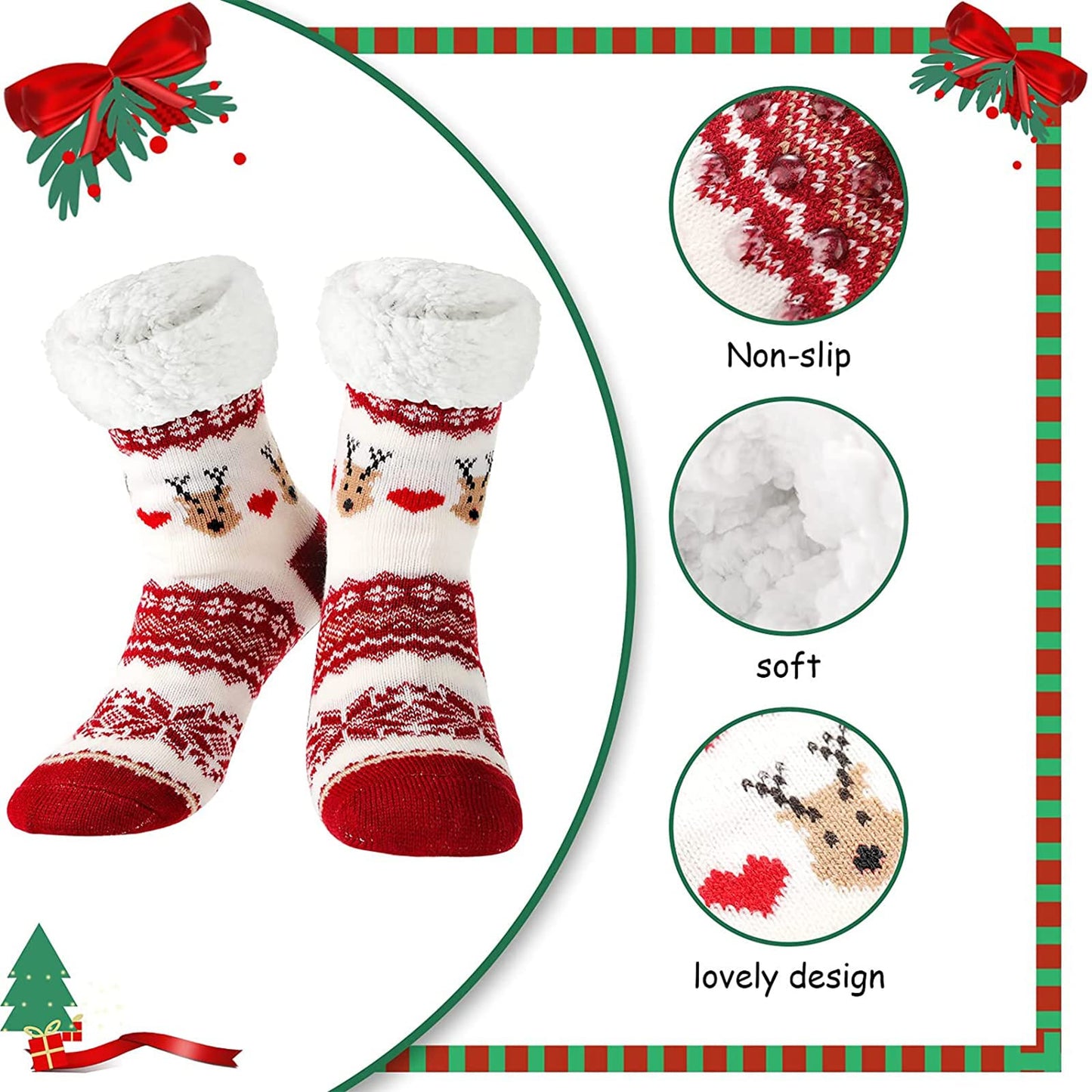 Sintege 3 Pairs Women Christmas Slipper Socks Winter Soft Warm Fuzzy Plush Cozy Fleece Lined Non Slip Christmas Socks Gifts(Cute Style) - Medaid International